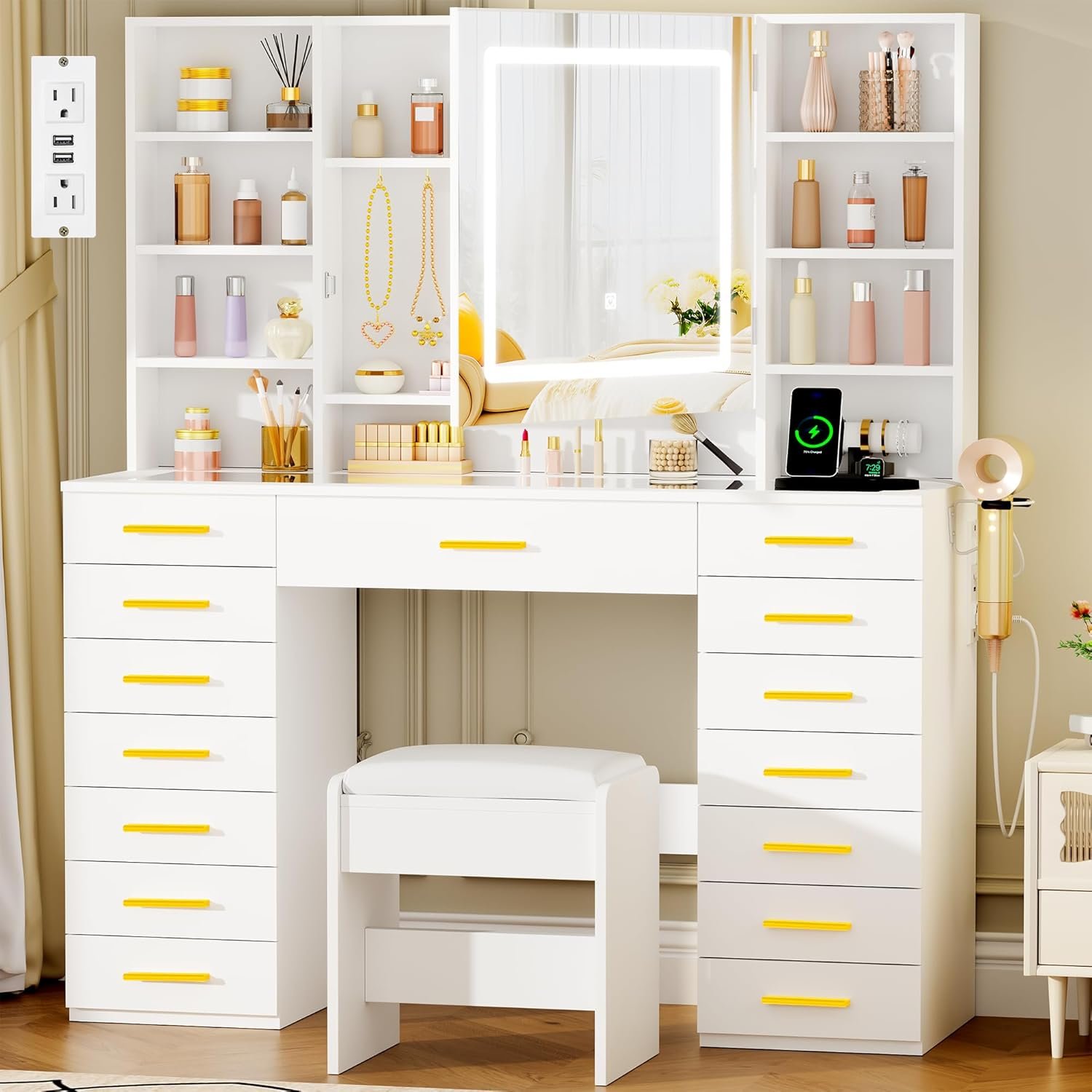 White Vanity Desk with LED Lighted Mirror, 15 Drawers Makeup Vanity Table with Transparent Glass Top Power Outlet 9 Shelves 8 Hooks Large Dressing Table with Stool for Girls Women UXFST012W