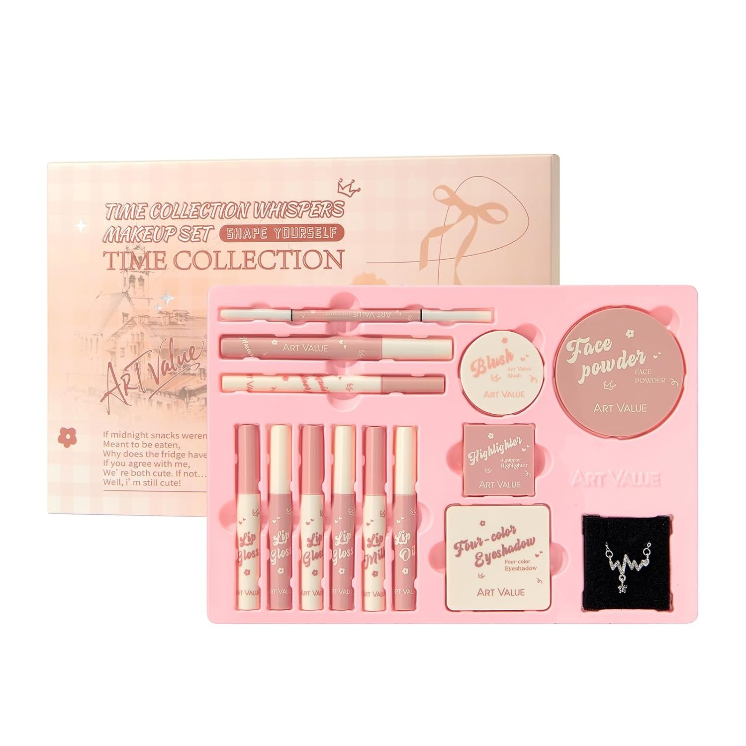 All-in-One Makeup Gift Set for Women & Teens, Complete Cosmetic Kit with Lip Gloss, Lip Balm, Eyeshadow, Blush, Highlighter, Face Powder, Mascara, Eyeliner & Necklace