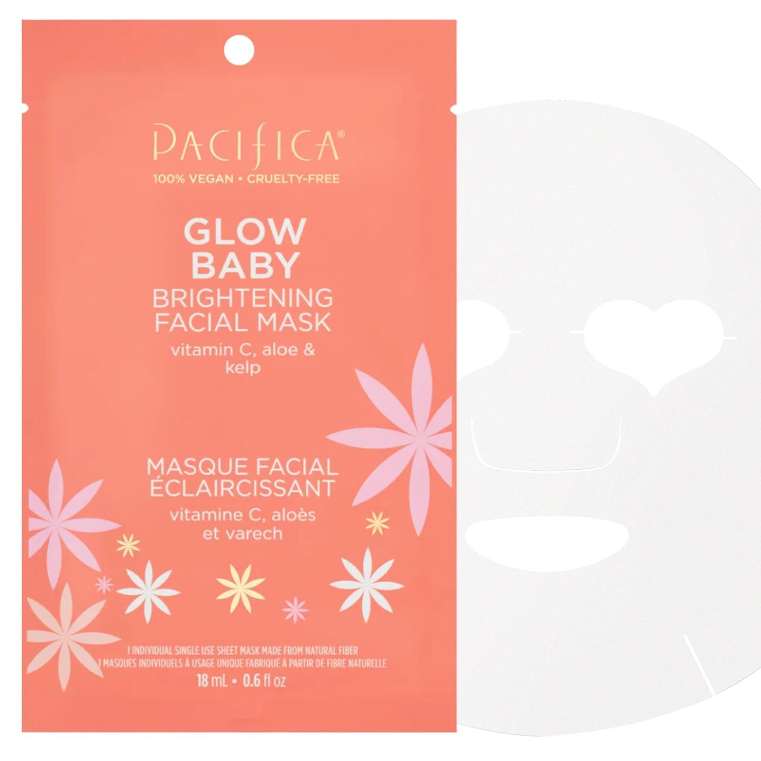Pacifica Sheet Face Mask – Glow Baby Brightening Facial Mask w/Vitamin C, Aloe & Kelp – Cooling Mask for Dark Spots & Fine Lines – Clean Beauty Vegan & Cruelty-Free Dermatologist Tested