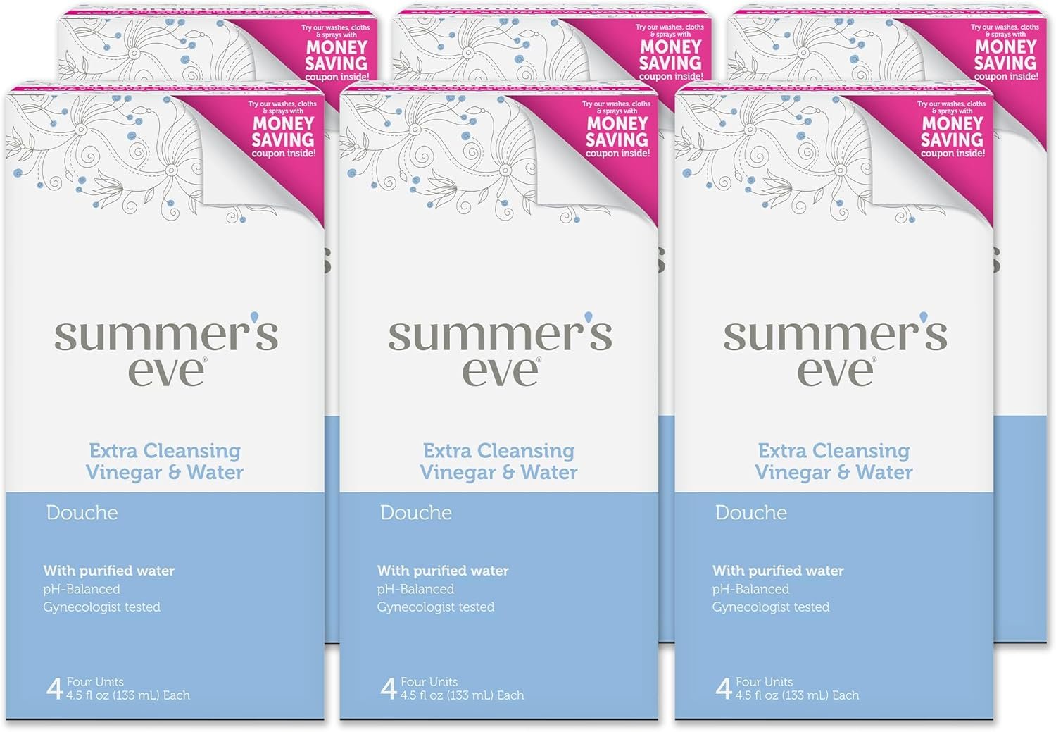 Summer’s Eve Extra Cleansing Douche for Women, Vinegar & Water, Gentle pH-Balanced Formula Helps Reduce Vaginal Odor, 4 Bottles 4.5 Oz Each, Pack of 6