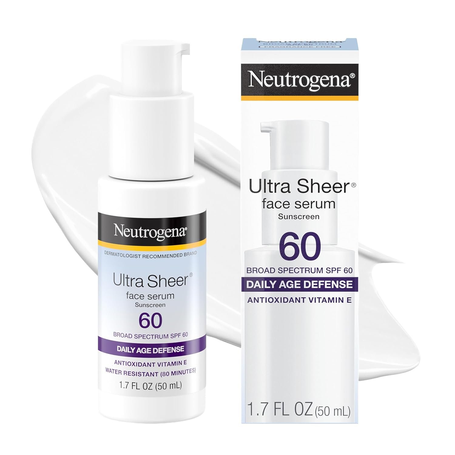 Neutrogena Ultra Sheer Sunscreen Serum SPF 60 Broad Spectrum UVA UVB Protection Lightweight Water Resistant up to 80 Minutes Non-Comedogenic Fragrance Free, 1.7 fl oz
