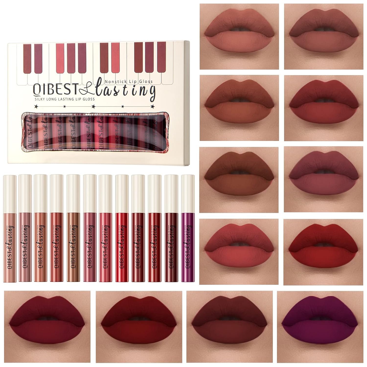 Matte Liquid Lipstick Set – 12 Pcs Long Lasting & Waterproof Lipstick Kit, Non Transfer Lip Stain with Nude, Dark Red | Full Coverage Lip Gloss Makeup Set for Women