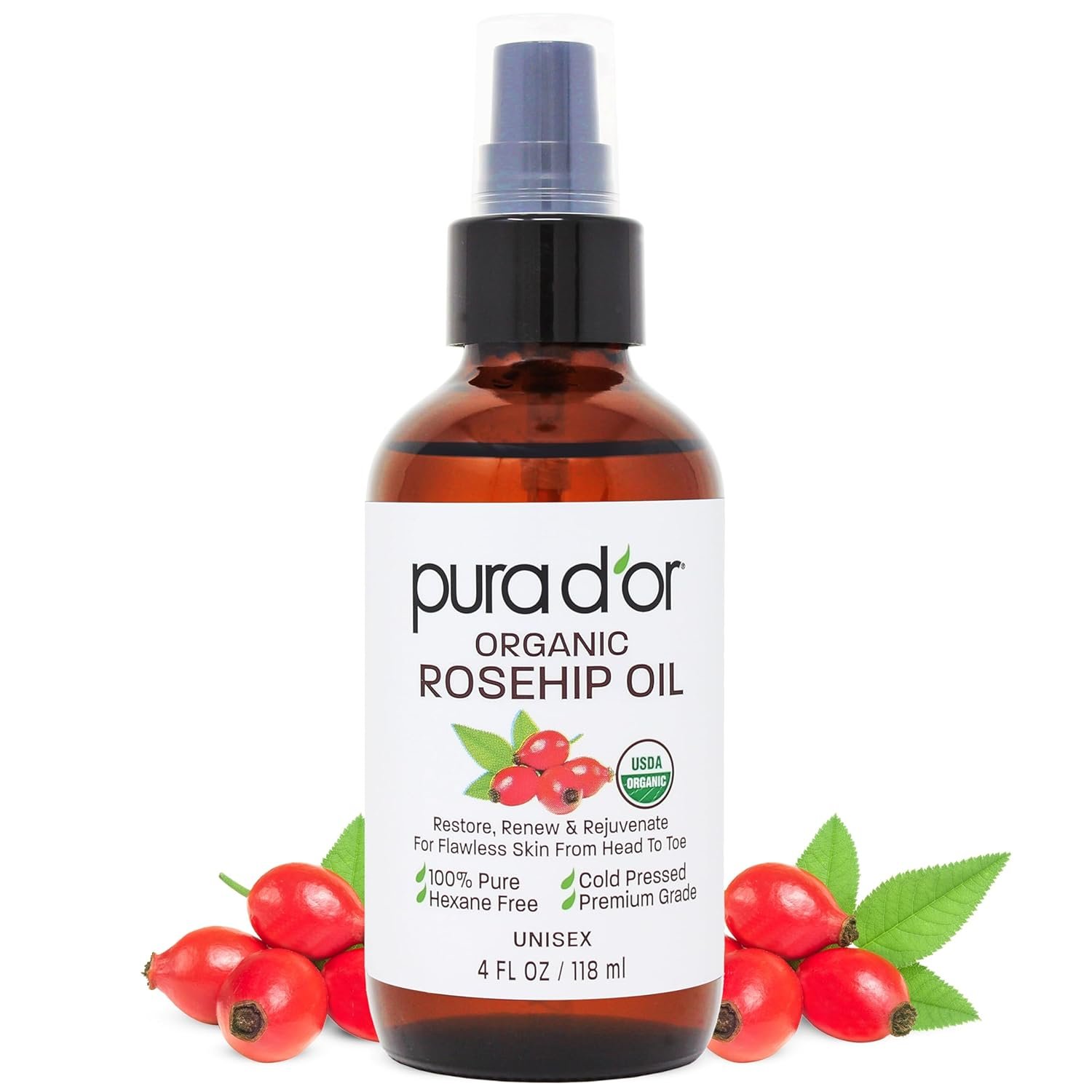 PURA D’OR ORGANIC Rosehip Seed Oil 100% Pure Cold Pressed USDA Certified For Hair, Skin, Scalp, Anti Aging Face & Body – Hexane Free Glass Bottle – 4 Oz – Hair Regrowth Tonic