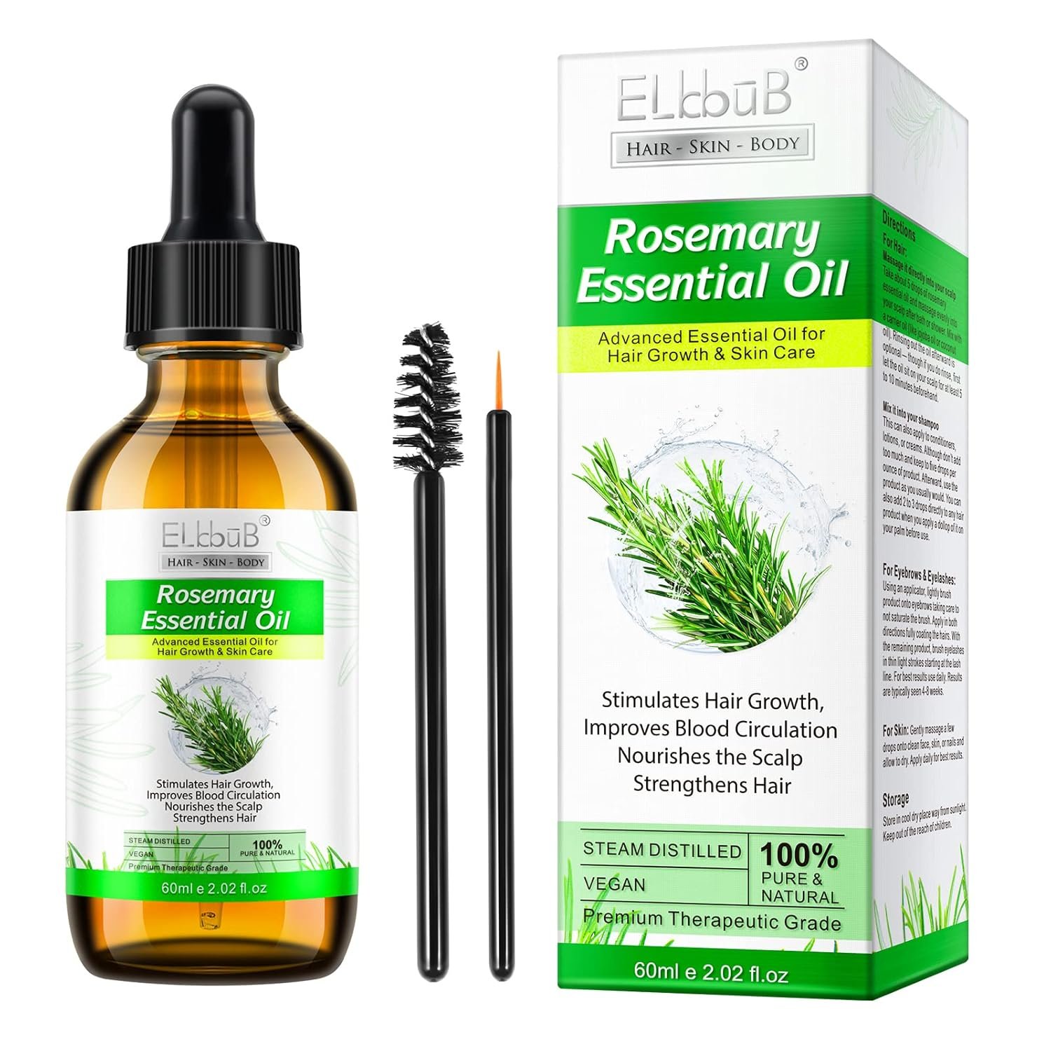 ELBBUB 100% Pure Rosemary Essential Oil for Skin Care & Stimulates Hair Growth for Men Women -60ml, Nourishes The Scalp, , Versatile Usage for Eyebrow and Eyelash