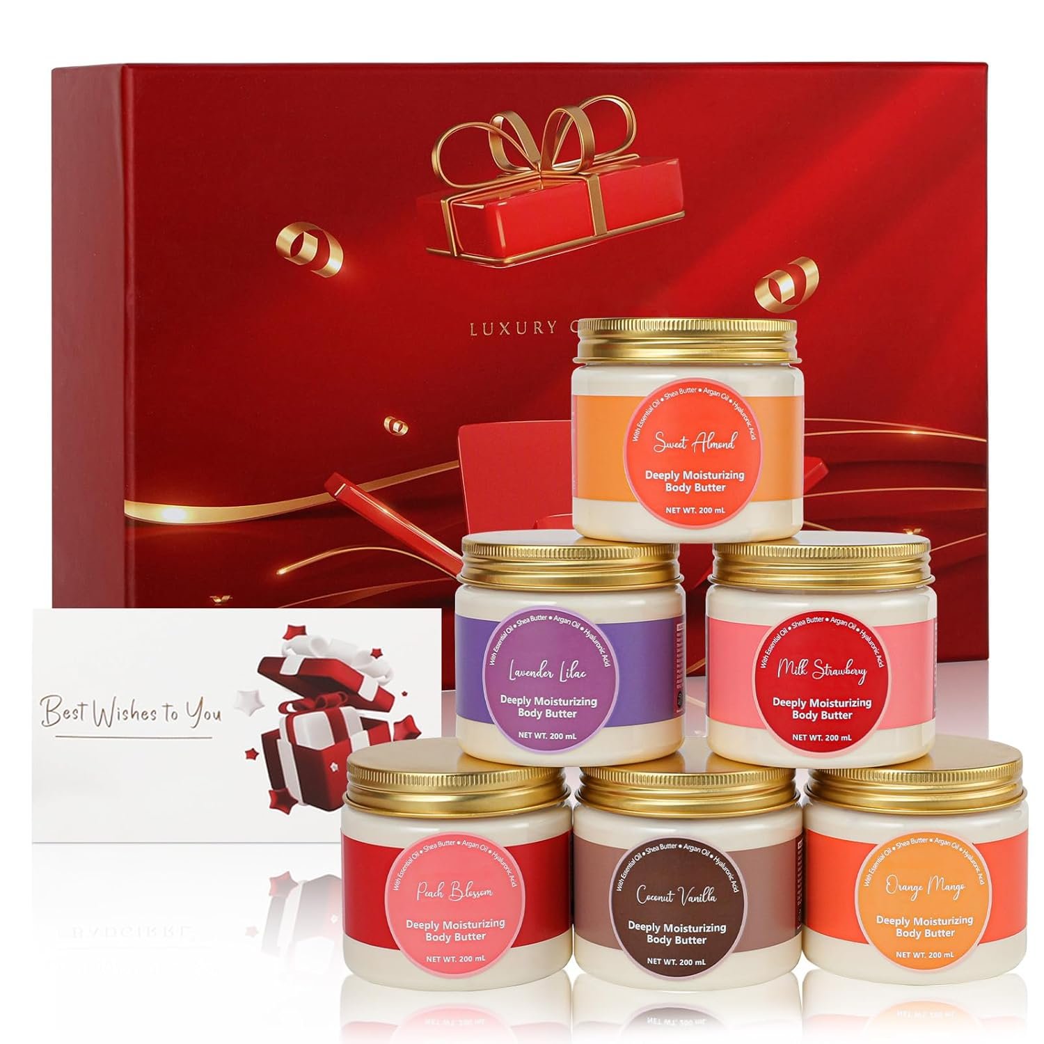 Luxury 6-in-1 Body Butter Gift Set for Mothers Day Gifts, Skin Care Set | 6 x 200ml Jars in Gift Box for Women, Body Butter Collection Gift Set – Ready to Give with Card Box for Valentines Day Gifts