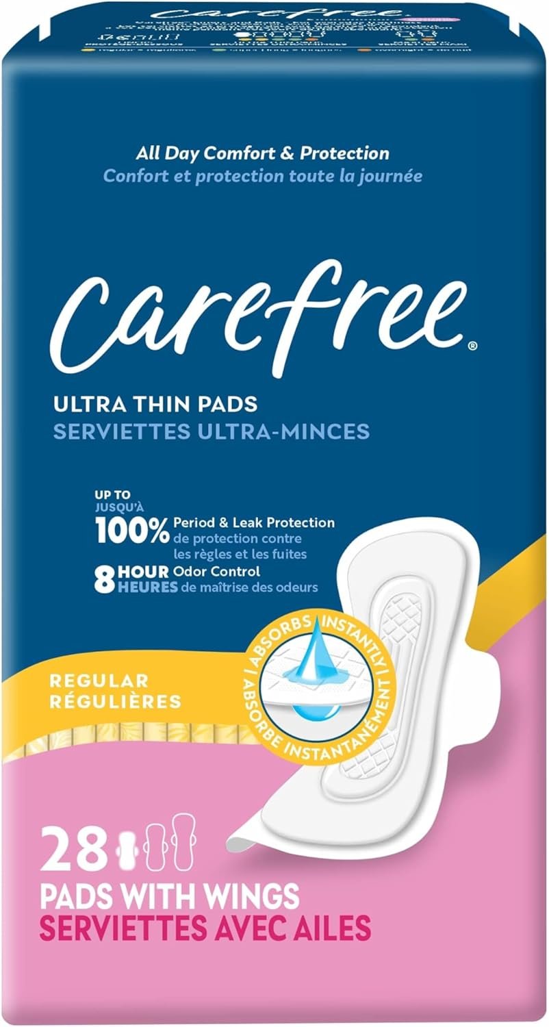Carefree Ultra Thin Pads for Women, Regular Pads with Wings, 28ct | Carefree Pads, Feminine Care, Period Pads & Postpartum Pads | 28ct (Pack of 1)