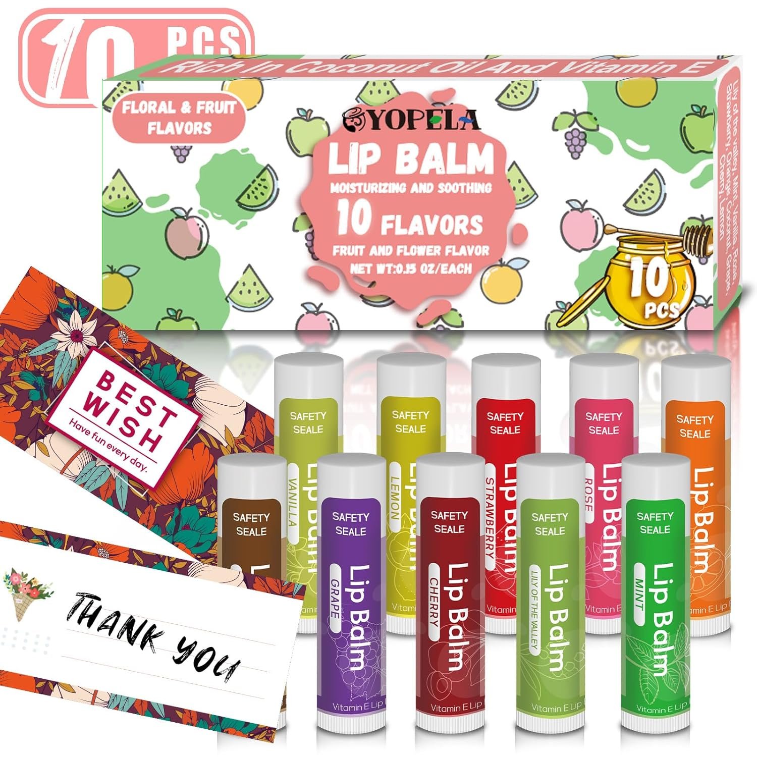 10 Pack Natural Lip Balm Bulk with Vitamin E and Coconut Oil Valentine’s Choice Gift – Moisturizing, Soothing, and Repairing Dry and Chapped Lips – 10 Flavors – Non-GMO