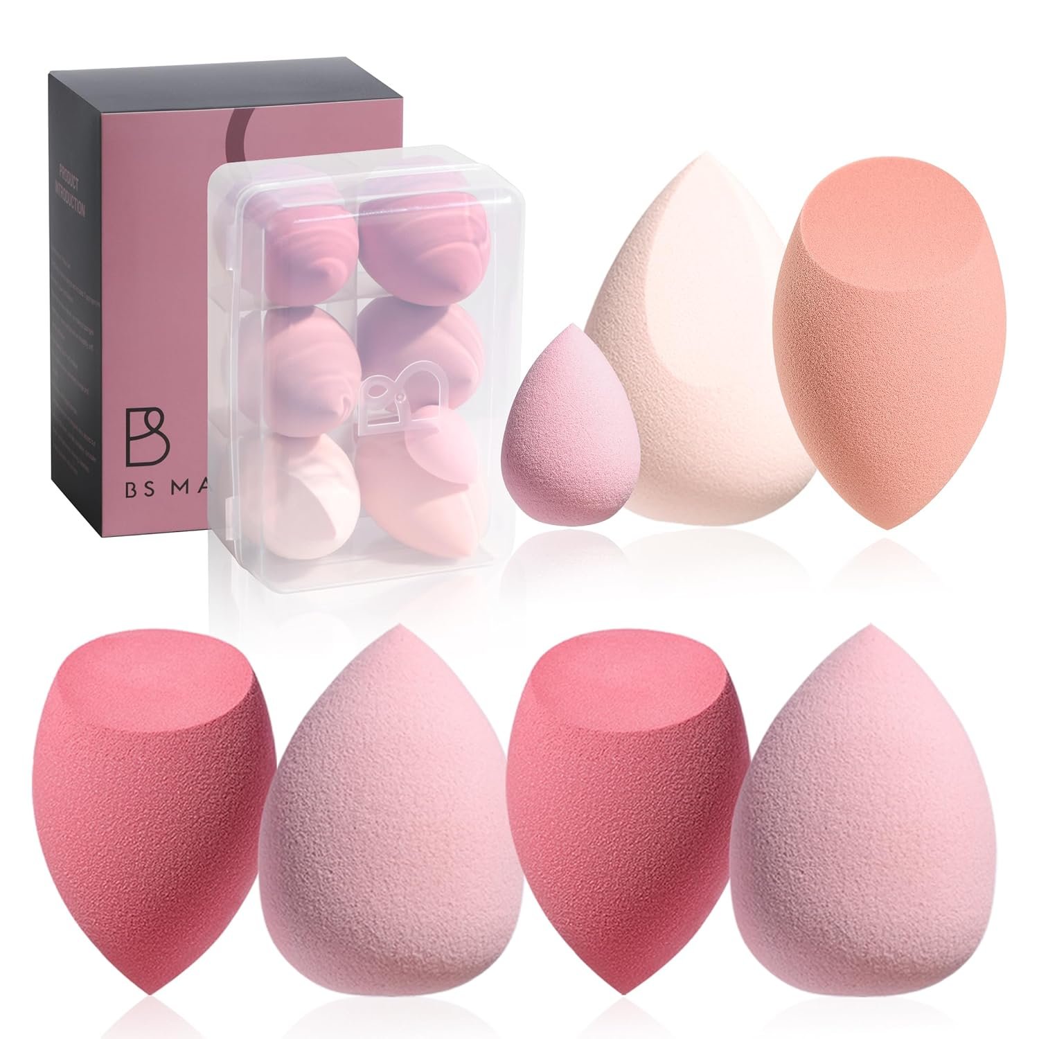 Makeup Sponge Set BS-MALL with Storage Case 7 Pcs for Liquid, Cream, and Powder,SAVE Foundation with 1 Mini Makeup Sponge For Travel Daily Use (A-Pink）