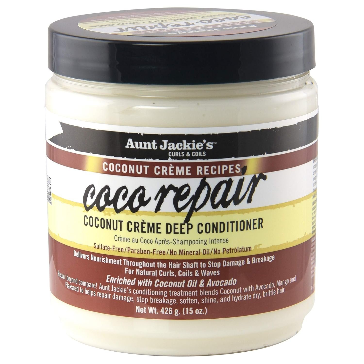 Aunt Jackie’s Coconut Crème Recipes Coco Repair Deep Hair Conditioner, Delivers Nourishment, Stops Damage, Breakage for Natural Curls, 15 oz