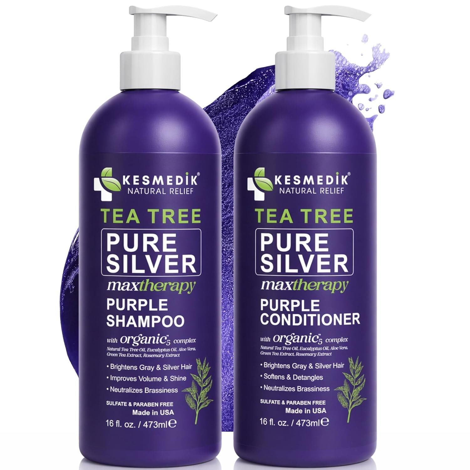 KESMEDIK Tea Tree Purple Shampoo & Conditioner Set with Rosemary & Aloe, Professional Anti Brass Toner, Removes Yellow Tones for Gray, Bleached, White & Blonde Hair, Refreshes Scalp, Sulfate-Free