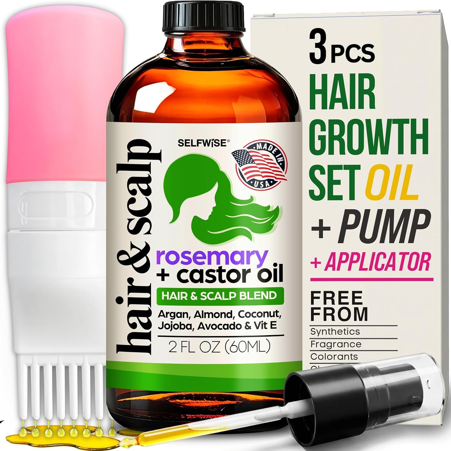Organic Rosemary Oil For Hair Growth + Applicator with Castor, Argan, Coconut, Almond, Jojoba, Avocado, Vitamin E & Peppermint for Hair & Scalp Treatment, All Hair Types, Men & Women 2oz