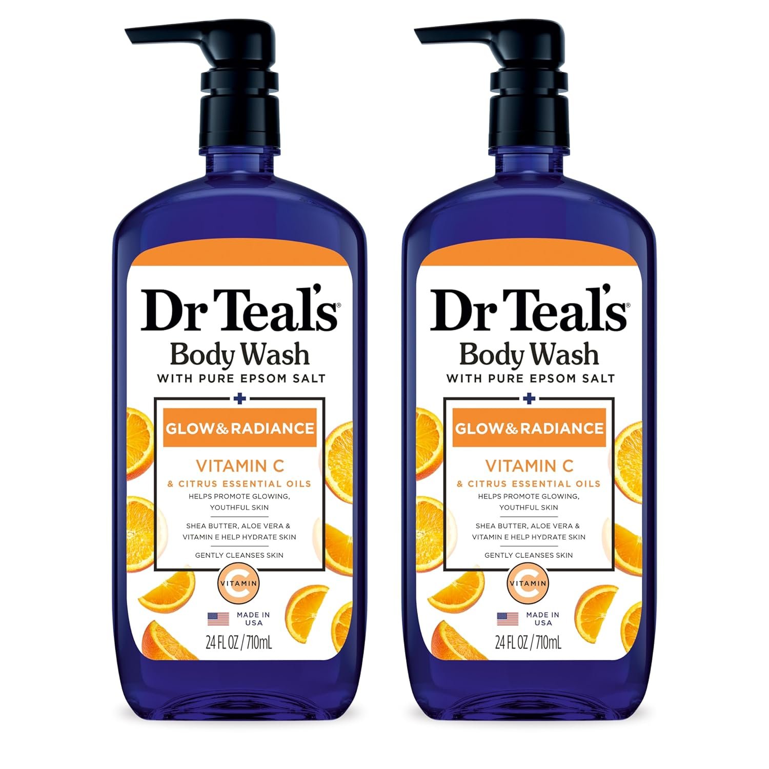 Dr Teal’s Body Wash with Pure Epsom Salt, Glow & Radiance with Vitamin C & Citrus Essential Oils, 24oz (Pack of 2)