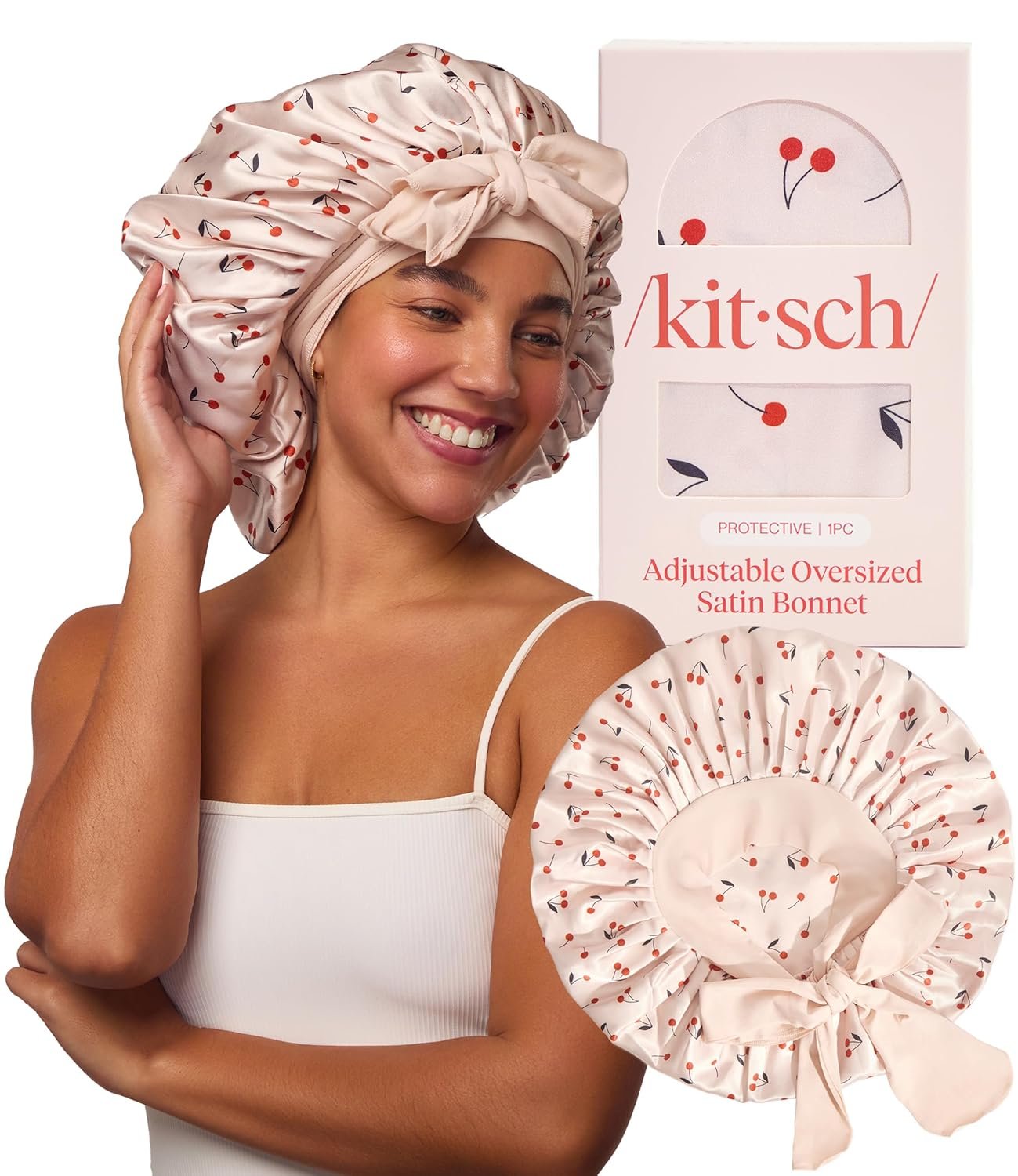 Kitsch XL Satin Bonnet for Sleeping – Softer Than Silk Bonnet For Sleeping Women – Secure Fit, Adjustable, Night Cap For Curly & Textured Hair – Prevents Breakage, Tangles & Thinning – Cherry Print
