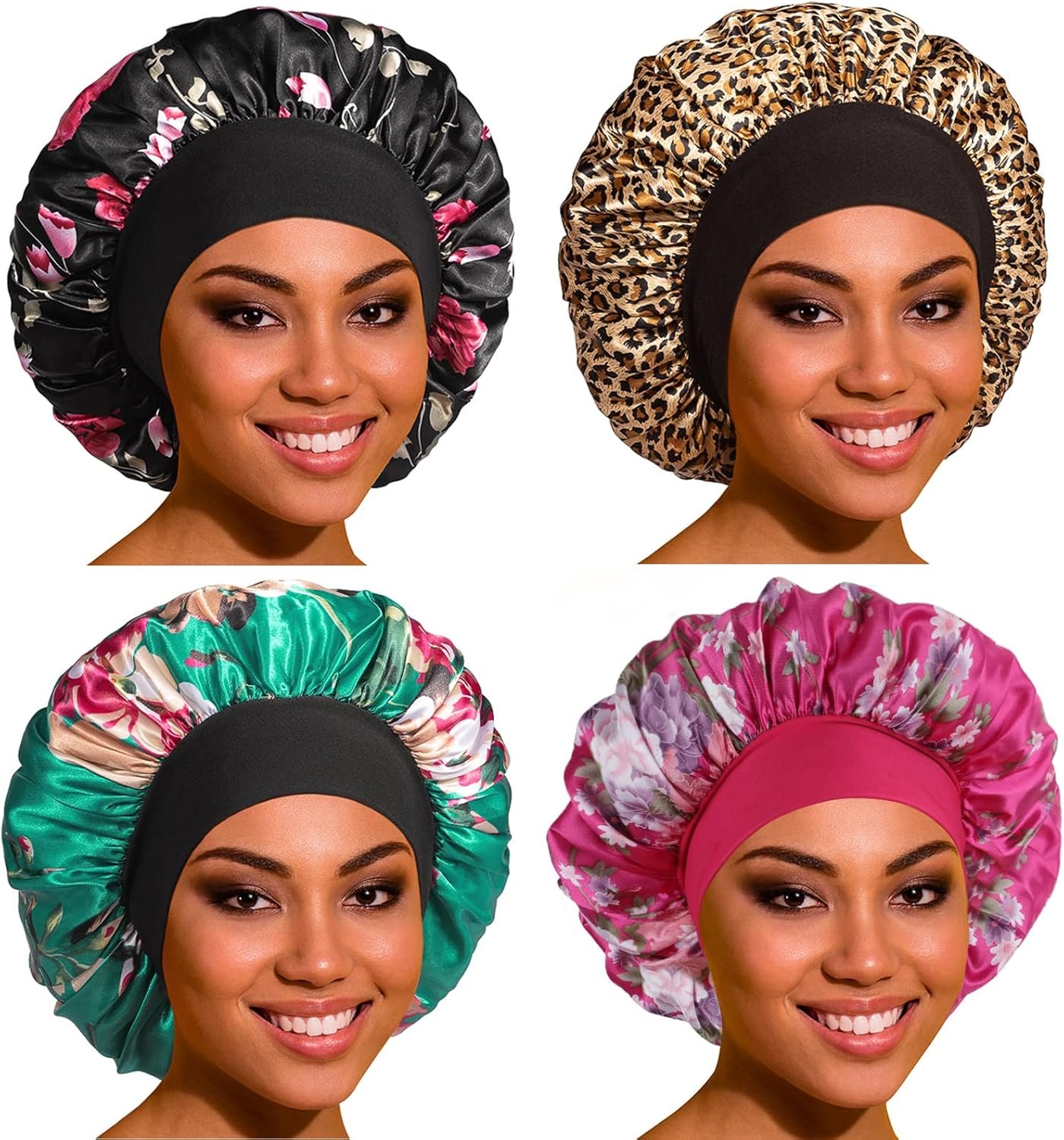 Satin Bonnet Hair Bonnet for Sleeping- 4 Pack Large Silk Bonnets for Women with Elastic Soft Band for Hair Care Braids