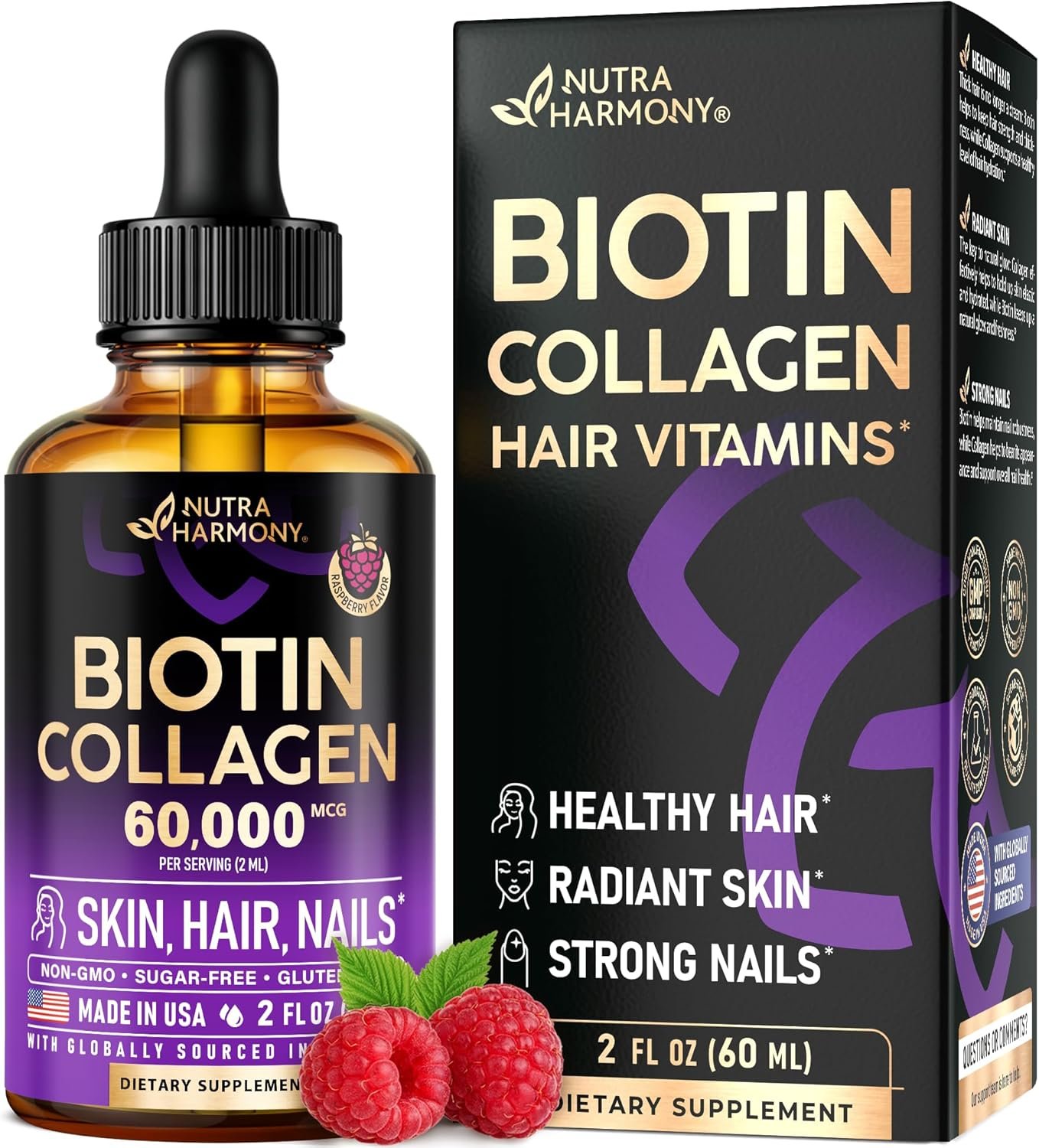 Liquid Biotin & Collagen 60,000 mcg – Vitamins for Hair Growth Support – Extra Strength Drops for Women & Men – Liquid Collagen Supplement – Strong Nails & Healthy Skin – Raspberry Flavor, 2 Fl Oz
