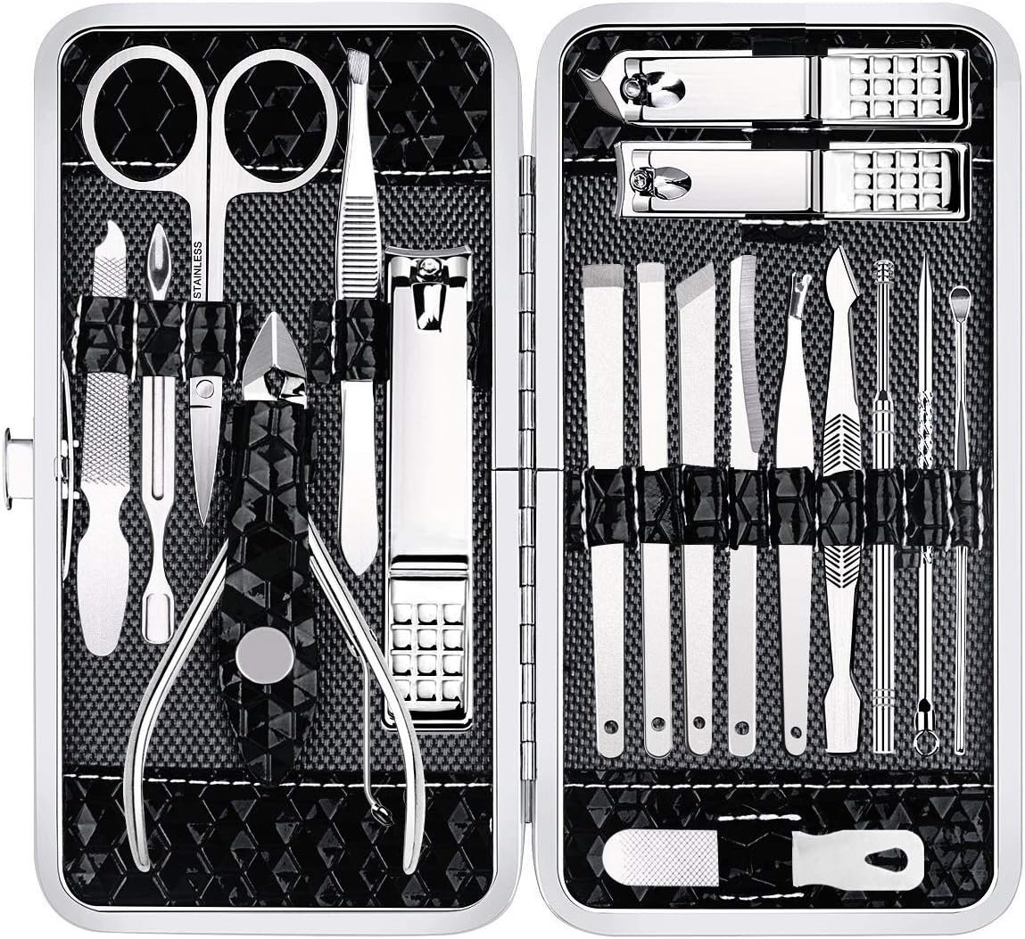 Yougai Nail Clippers Set – 18 Pcs Professional Manicure Pedicure Kit Gifts for Fathers Day Men Women, Stainless Steel Fingernail Toenail Cutters, Nail Care Grooming Tools with Leather Travel Case