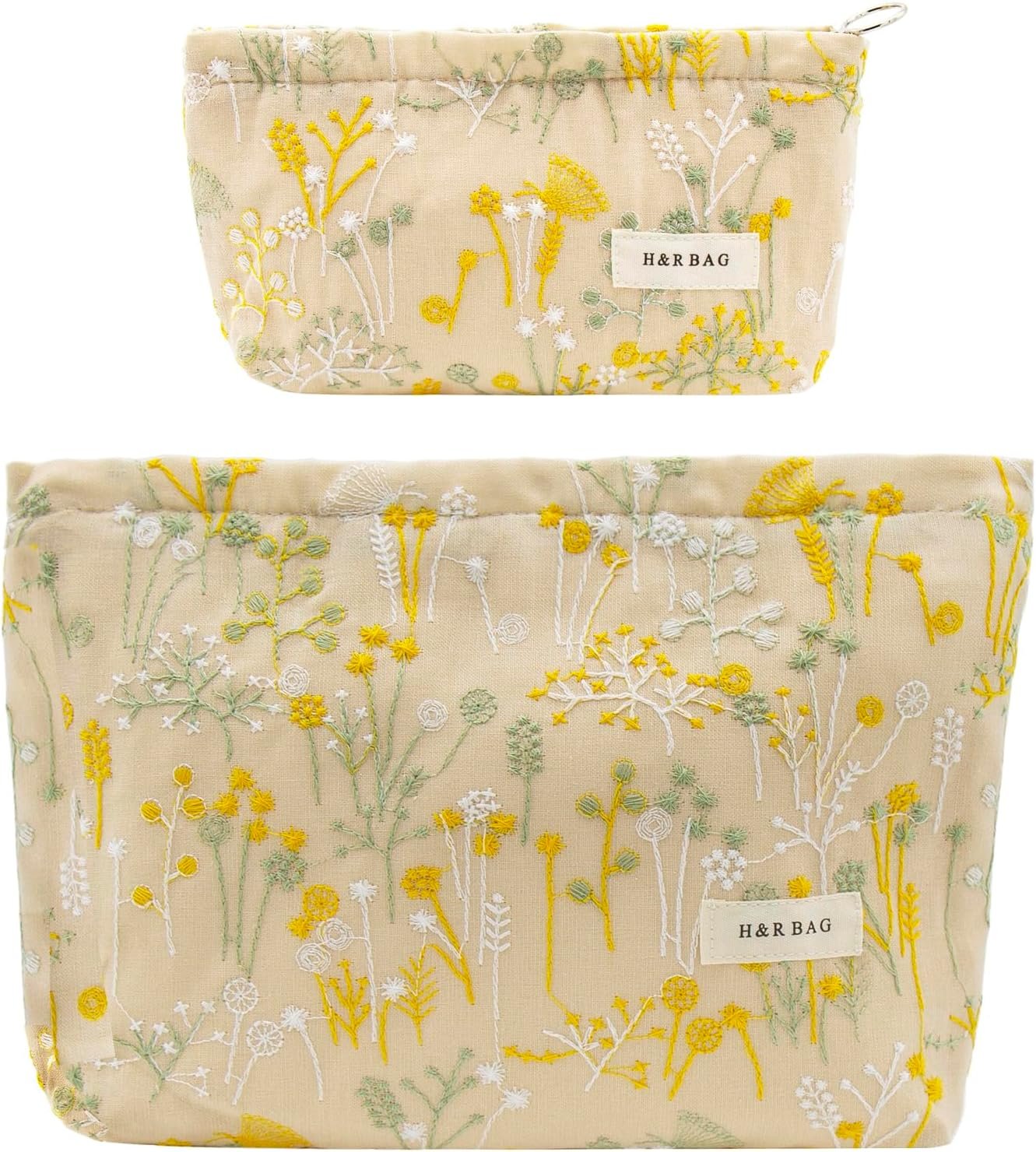 getgto 2 Pcs Makeup Bags, Large Cosmetic Bag Travel Toiletry Bag Organizer for Women, Embroidery Craft, Floral Makeup Bag Small Cosmetic Pouch Purse with Zipper Gifts for Girls Teen