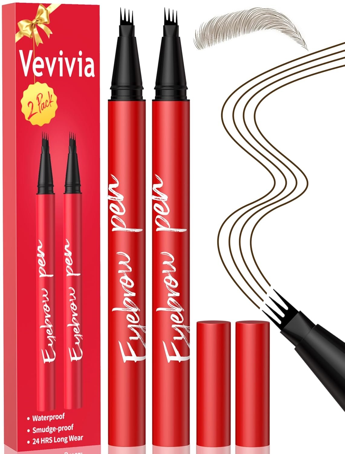 Vevivia Beauty Eyebrow Pencils for Women – Eyebrow Pen 2 Pack, Precise 4-Tip Brow Pencil for Natural-Looking Fuller Brows, Hair-Like Strokes for All Brow Types, Last All-Day Brow Pen, Dark Brown
