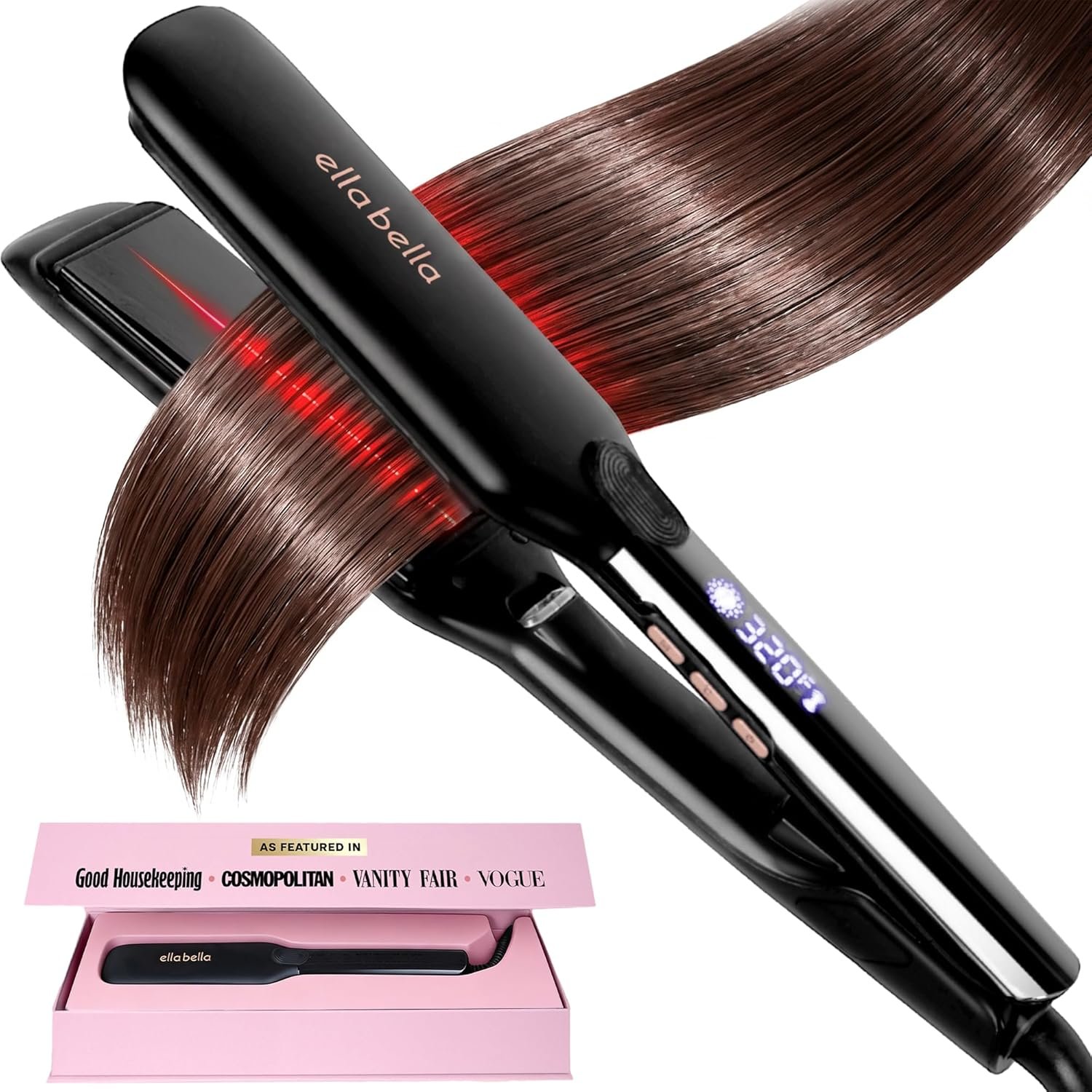 ELLA BELLA® Titanium Flat Iron Hair Straightener (with Infrared) • Professional Straightening Iron • Digital Display to Accurately Control Temperature • As Featured in Good Housekeeping