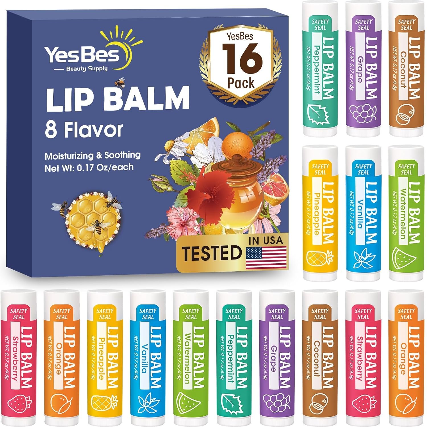 YesBes 16 Pack Lip Balm, Natural Lip Balm Bulk with Vitamin E and Coconut Oil, Moisturizing Lip Balms for Dry Cracked Lips, Lip Balms for Mothers Day Gifts Stocking Stuffers – 8 Flavors