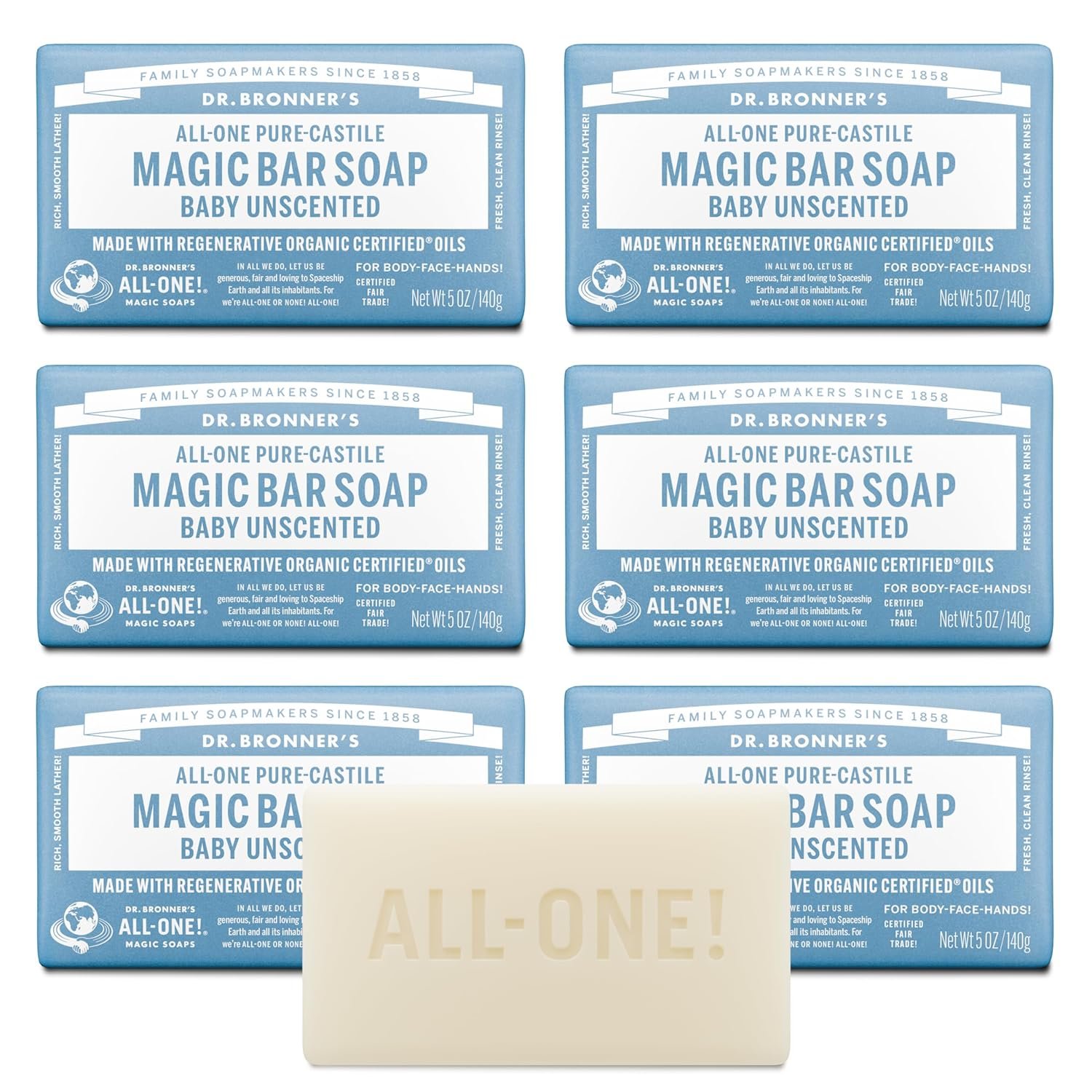 Dr. Bronner’s Pure-Castile Magic Bar Soap (Baby Unscented, 5 oz, 6-Pack) – Made with Regenerative Organic Certified Oils, For Face, Body & Hair, Gentle for Sensitive Skin – Vegan, Non-GMO