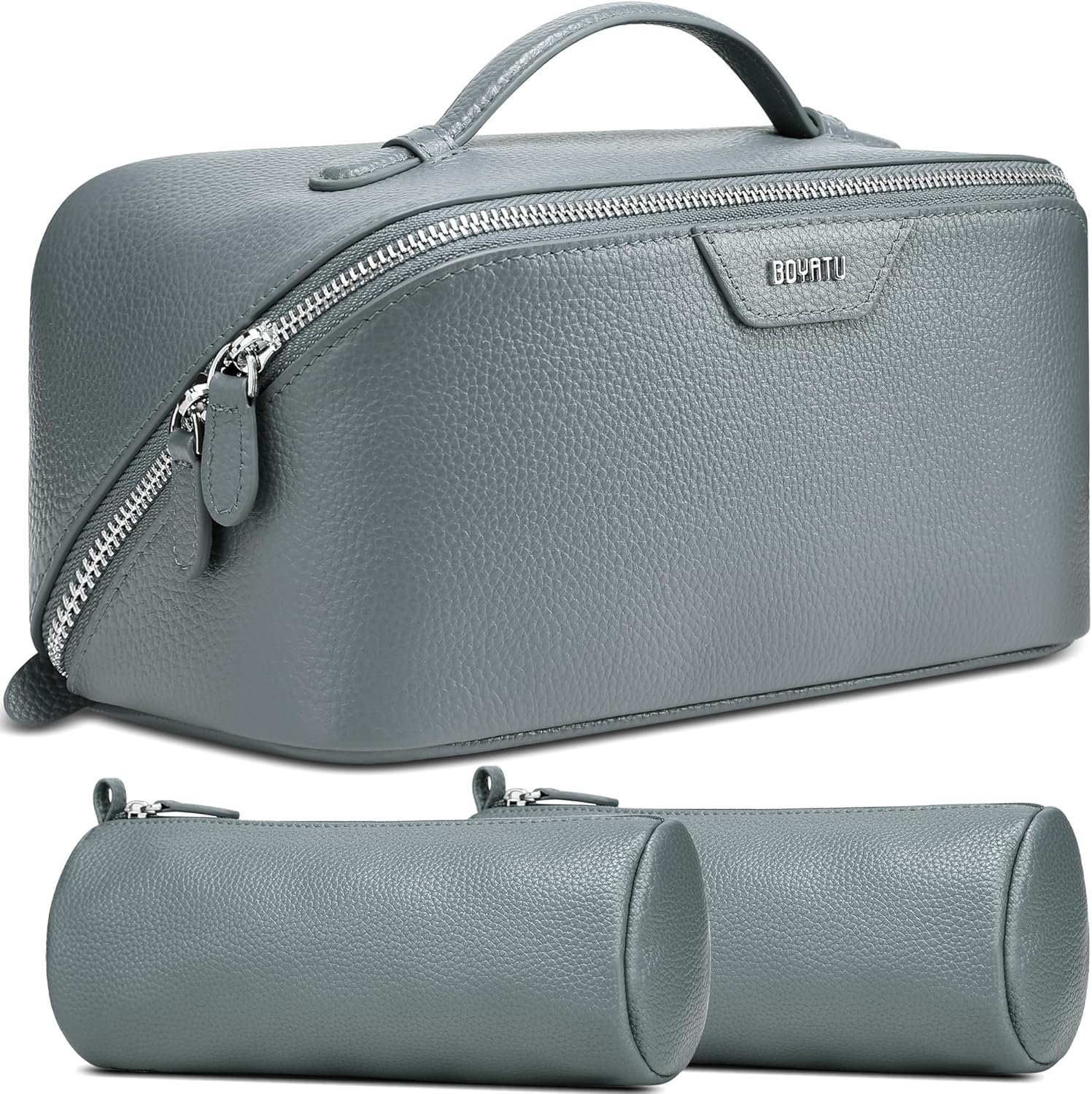 BOYATU Genuine Leather Travel Makeup Bag: Large Capacity 3 Pcs Set Cosmetic Bags for Women – Designer Waterproof Hand-made for Toiletry Organizer – Ladies Travel Essentials for Elegance (03Blue)
