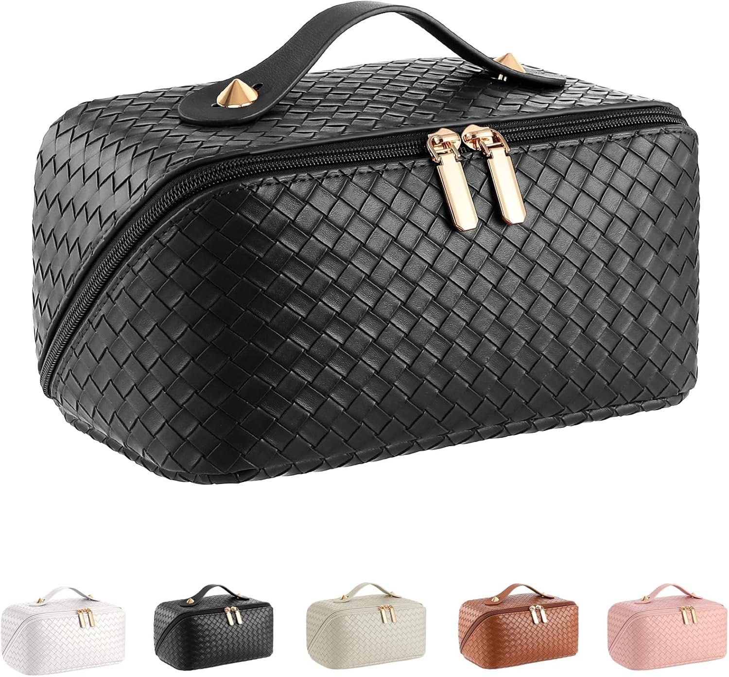 Large Capacity Travel Cosmetic Bag – Portable Makeup Bags for Women Waterproof PU Leather Checkered Makeup Organizer Bag with Dividers and Handle,Toiletry Bag for Cosmetics