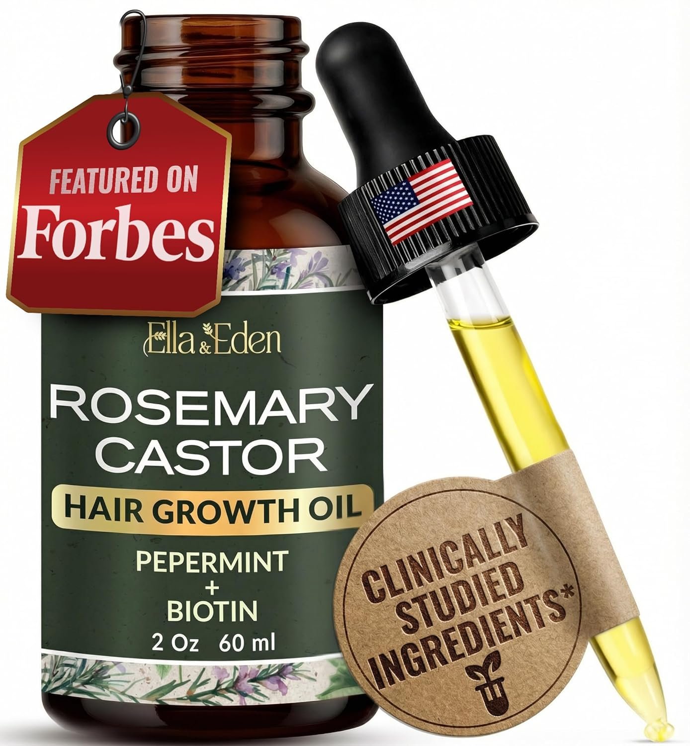 Ella & Eden Hair Growth Oil with Rosemary, Castor, Peppermint Oils & Biotin – Dry Scalp Treatment – Strengthening, Repairing, Soothing – 2 Fl Oz Glass Bottle