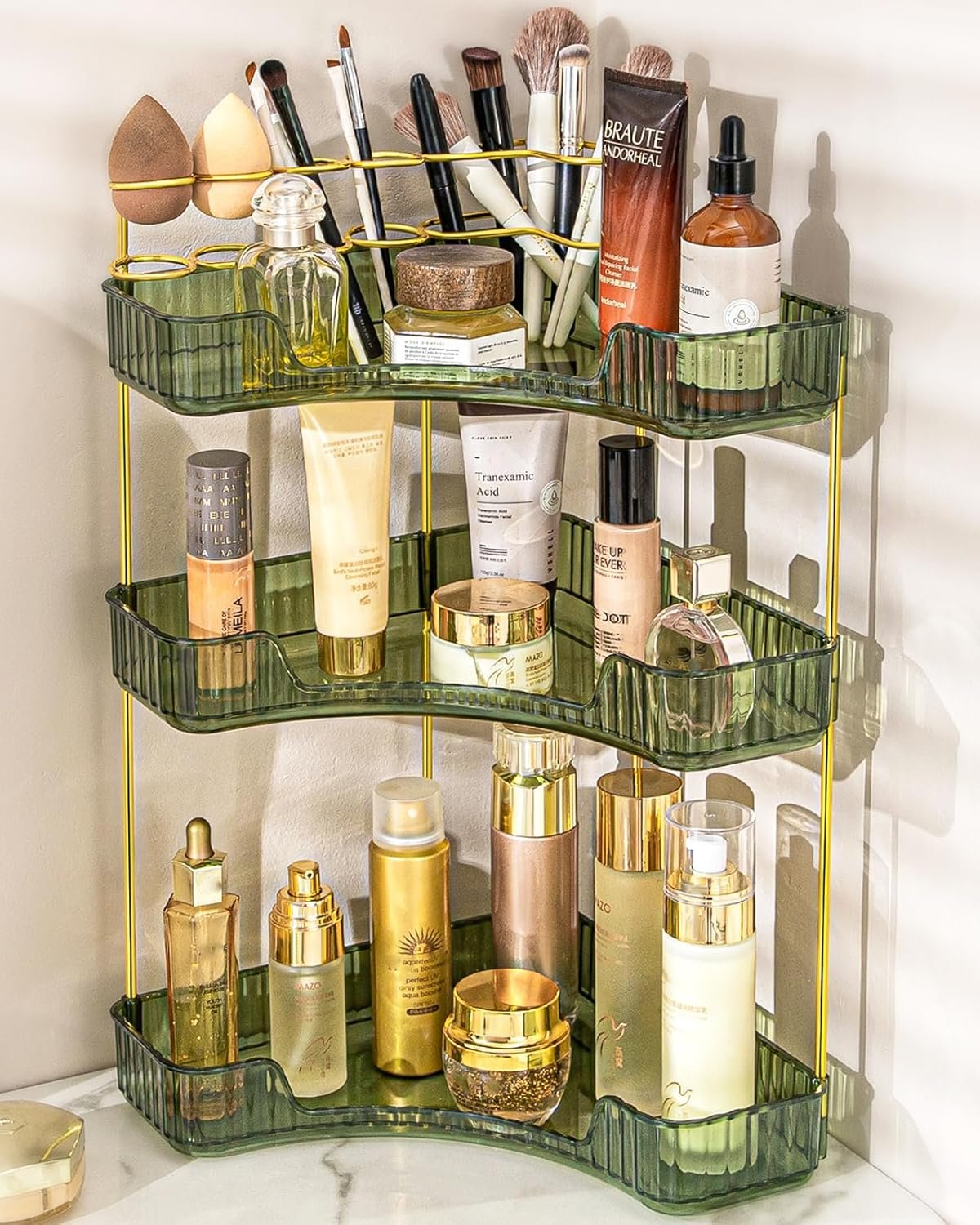 NATURE’S SOURCE Makeup Organizer for Vanity, 3-Tier Corner Bathroom Organizer Countertop with Makeup Brush Holder, Corner Counter Storage for Bathroom Dresser- Green