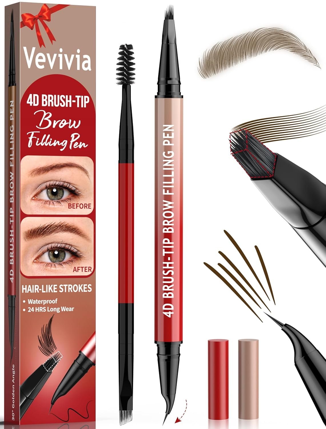 Vevivia Eyebrow Pencils for Women – Eyebrow Pen with 4D Brush-Tip & Curved Tip for Natural Fuller-Looking Brows, Precise Hair-Like Strokes for All Brow Types, Last All-Day Eyebrow Makeup, Dark Brown
