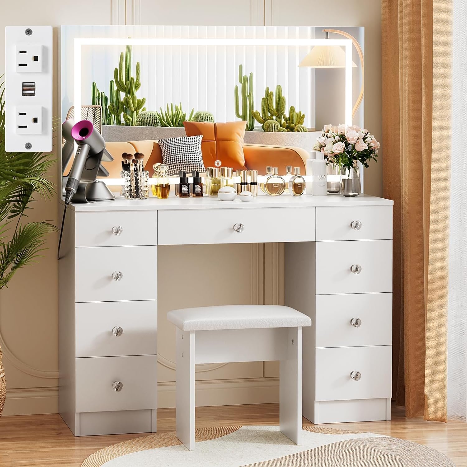 VOWNER Vanity With Lighted Mirror – Makeup Desk With Power Outlet and 9 Drawers, 3 Color Lighting Modes Adjustable Brightness, 43″ Table With Soft Cushioned Stool for Bedroom, White