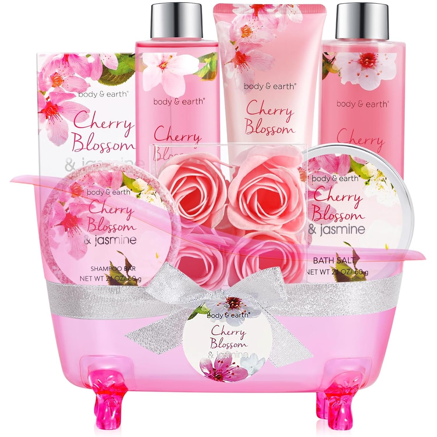 Body & Earth Spa Gifts for Women Self Care Kit – 8pcs Cherry Blossom & Jasmine Bath Sets for Women, Birthday, Mother’s Day Gift Baskets for Mother, Wife, Girlfriends
