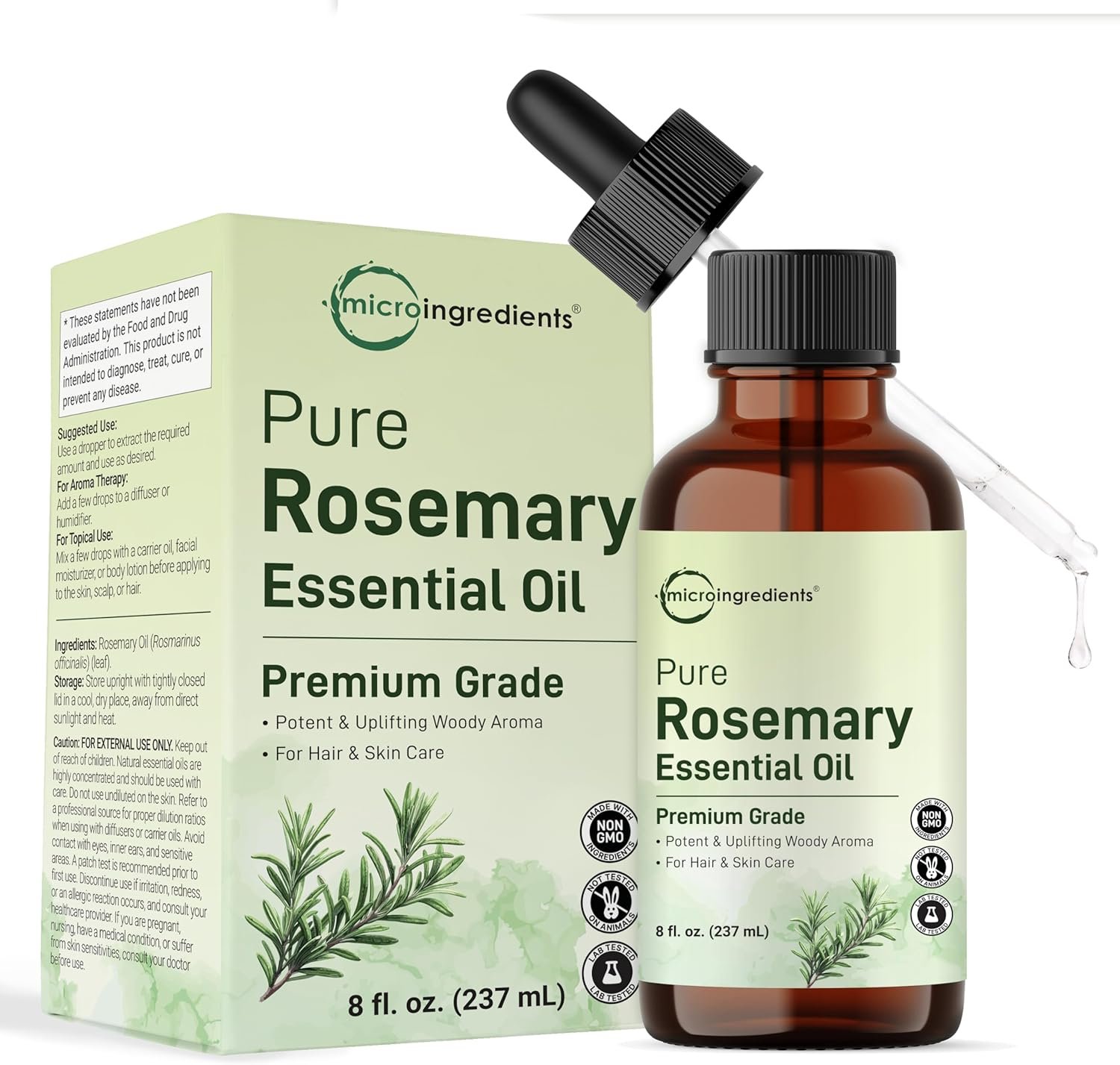 Micro Ingredients Rosemary Essential Oil for Hair, Scalp & Skin, 8 fl oz – 100% Pure & Natural with Dropper | Aromatherapy, Diffuser, Soap, Candle & Massage Use | Woody Herbal Aroma, Cruelty-Free