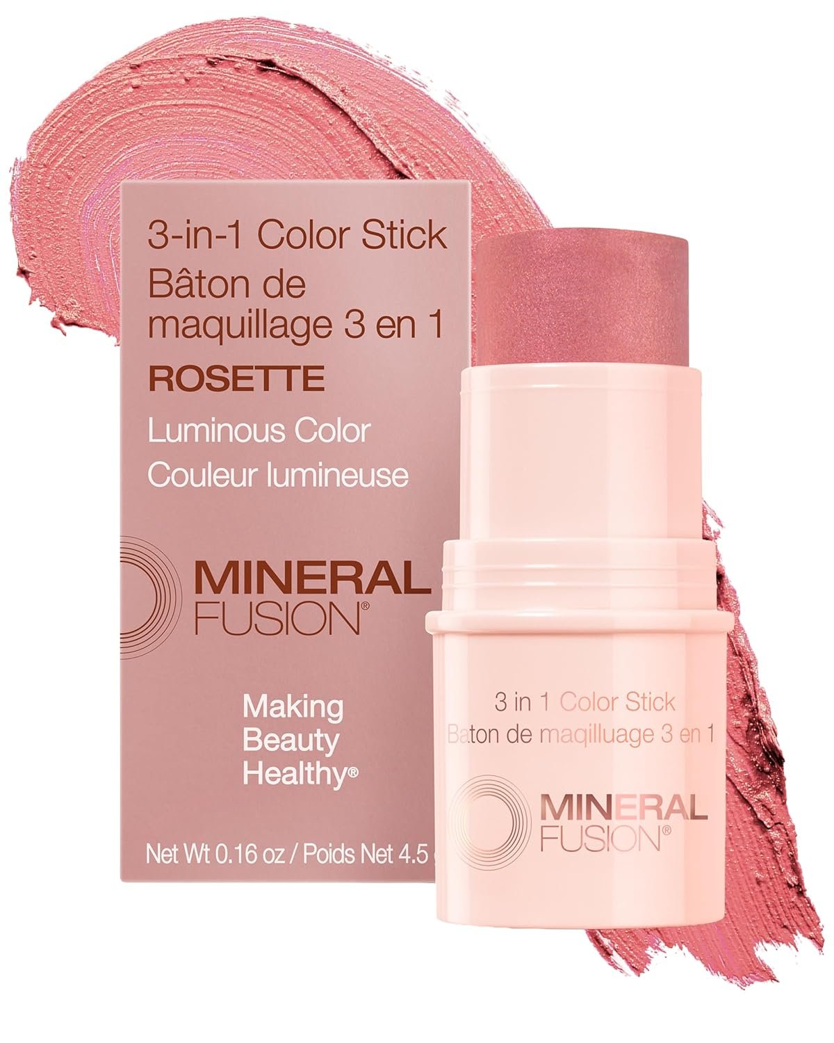 Mineral Fusion 3-in-1 Color Stick – Hydrating Cream Blush Tint for Cheek, Lip and Eye – Natural Multi Use Makeup (Rosette)