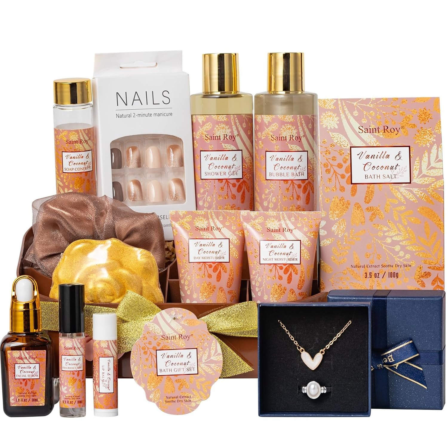 Spa Gift Basket for Women, 16 Pcs Coconut Vanilla Bath and Body Gift Basket Set Face Skin Care Kit Christmas, Valentines Day Gift for Mom, Birthday Gifts for Her, Wife, Mom Makeup Storage