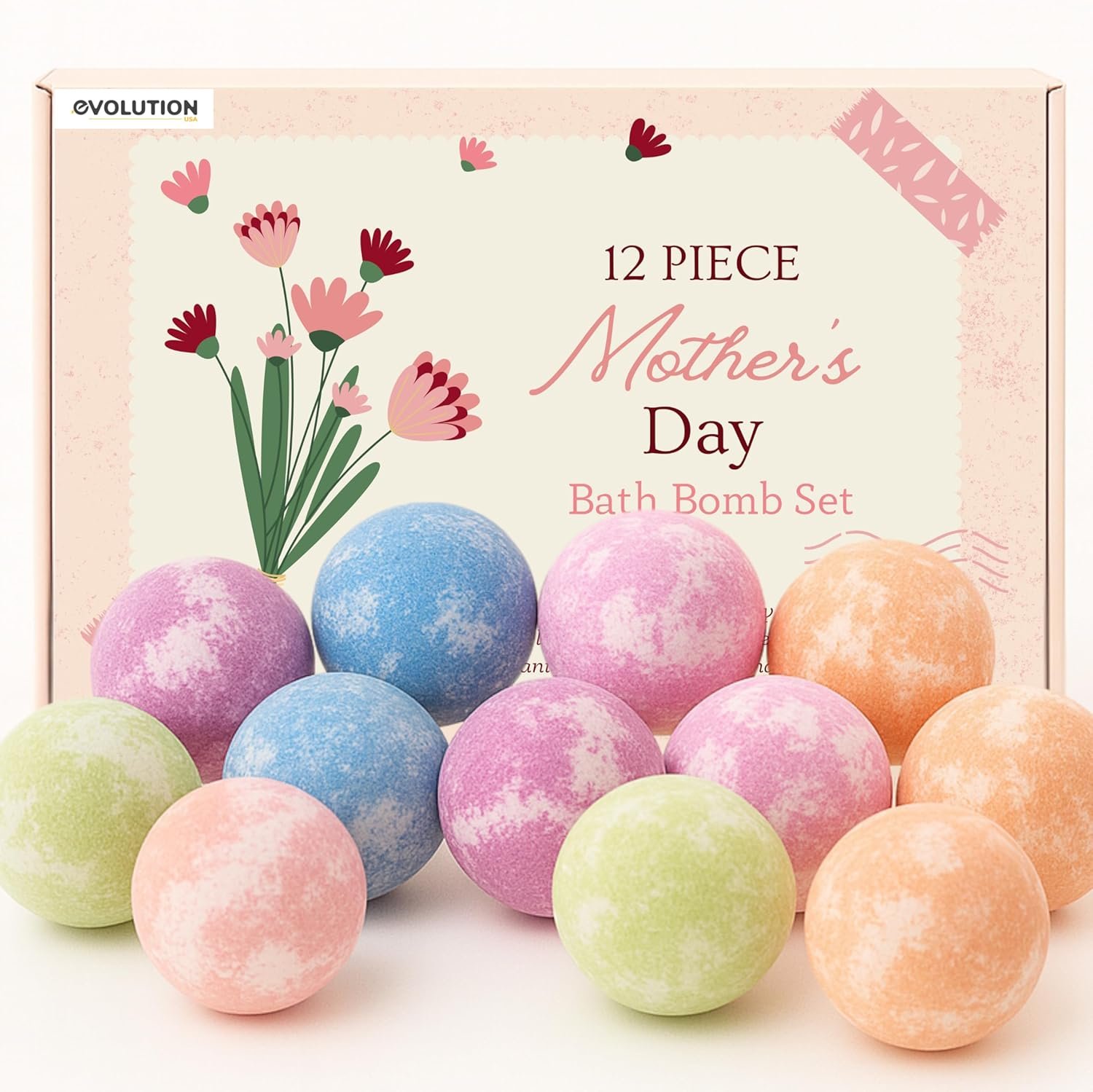 EvolutionUSA 12 Mother’s Day Bath Bombs for Women – Beautiful Bath Bombs for Mom, Thoughtful Mother’s Gift of Luxury & Relaxation, Gorgeous Bath Balls Set, Luxury Aromatherpy Bathbombs, Gift Set Women