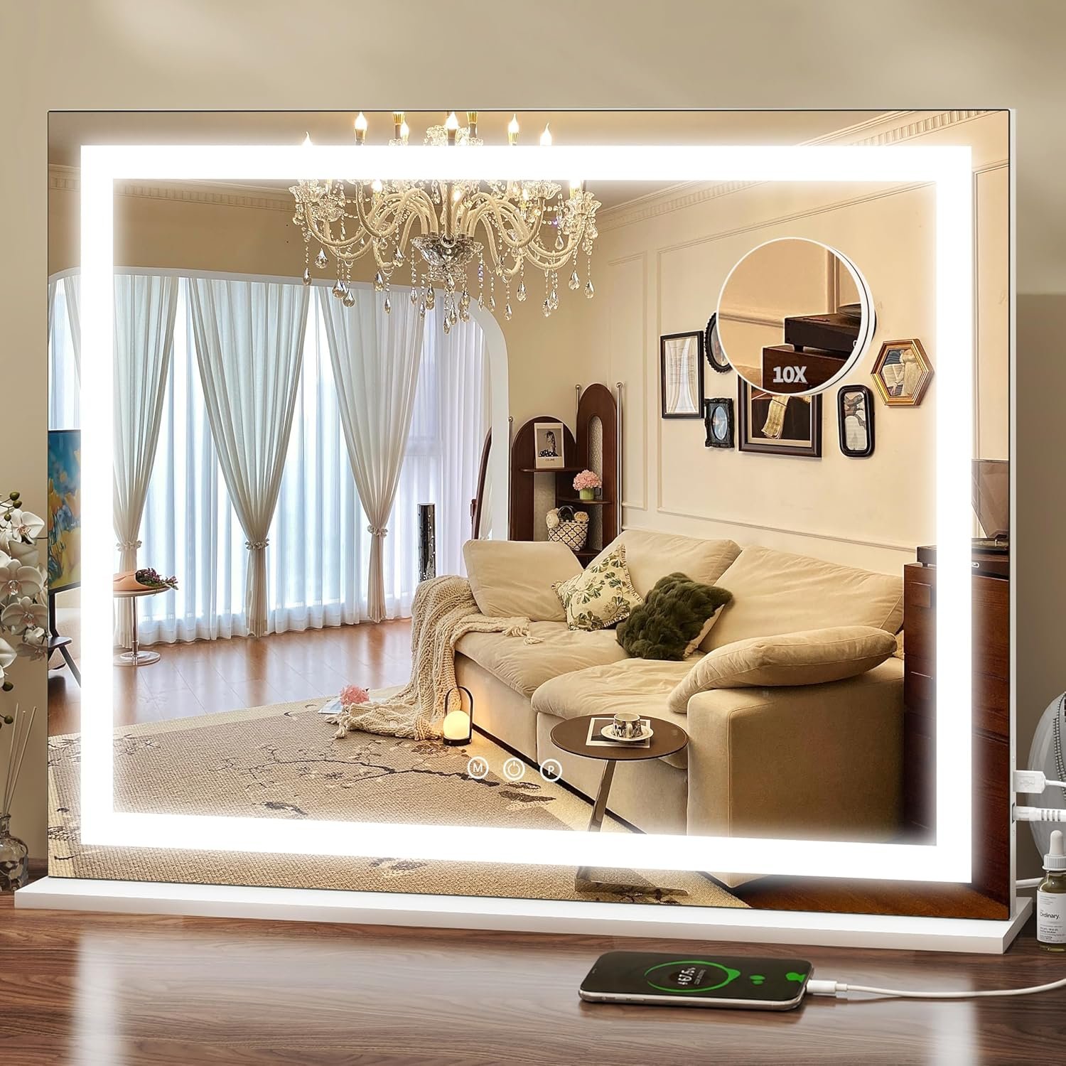 ROLOVE 23×18 Inch Lighted Vanity Mirror, 3-Color Dimmable LED & Touch Control – Large Makeup Mirror for Dressing Room (Wall/Tabletop Mount)