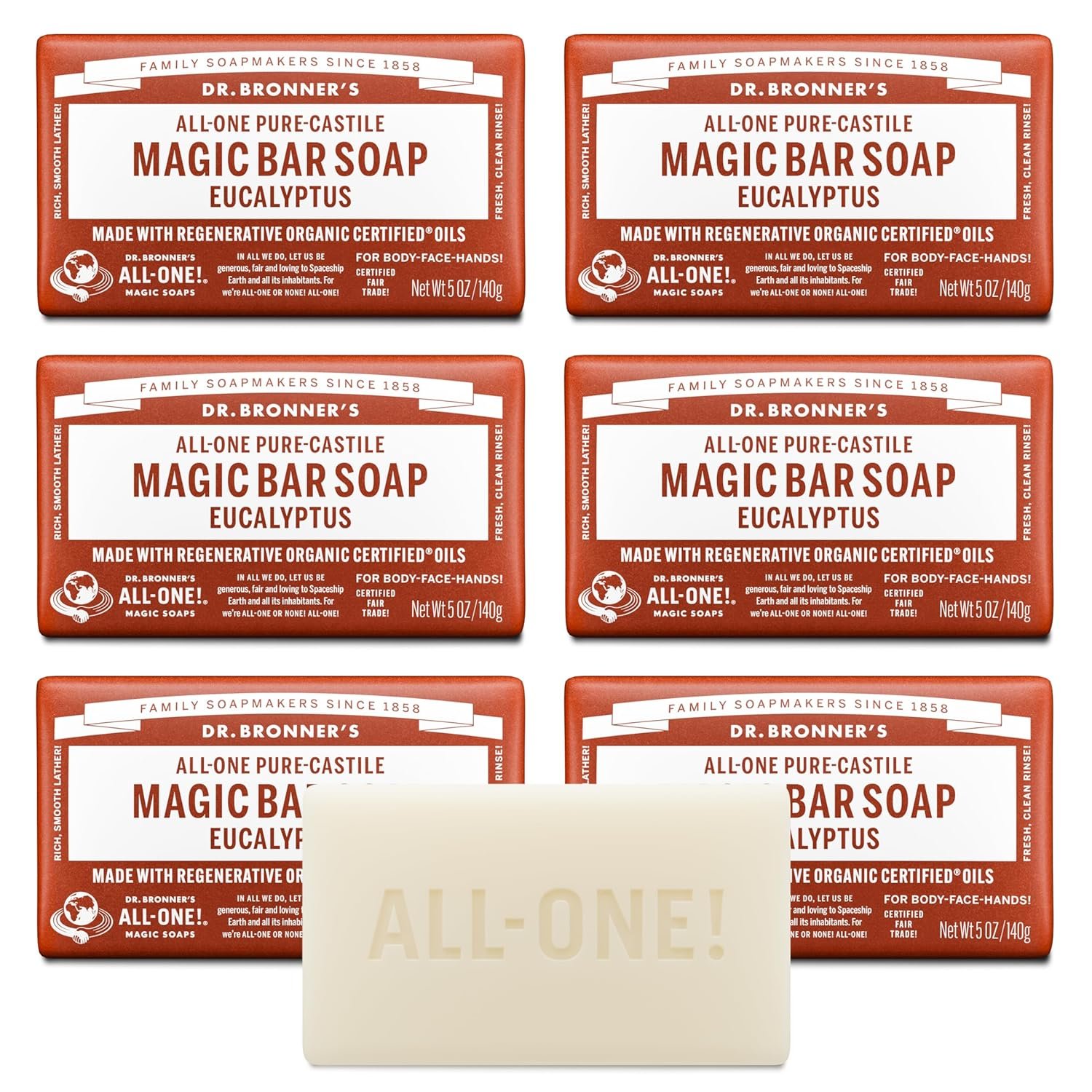 Dr. Bronner’s Pure-Castile Magic Soap Bars (Eucalyptus, 5 oz, 6-Pack)- Made with Regenerative Organic Certified Oils for Face, Body & Hair – Gentle, Vegan- Bar Soaps for Men & Women