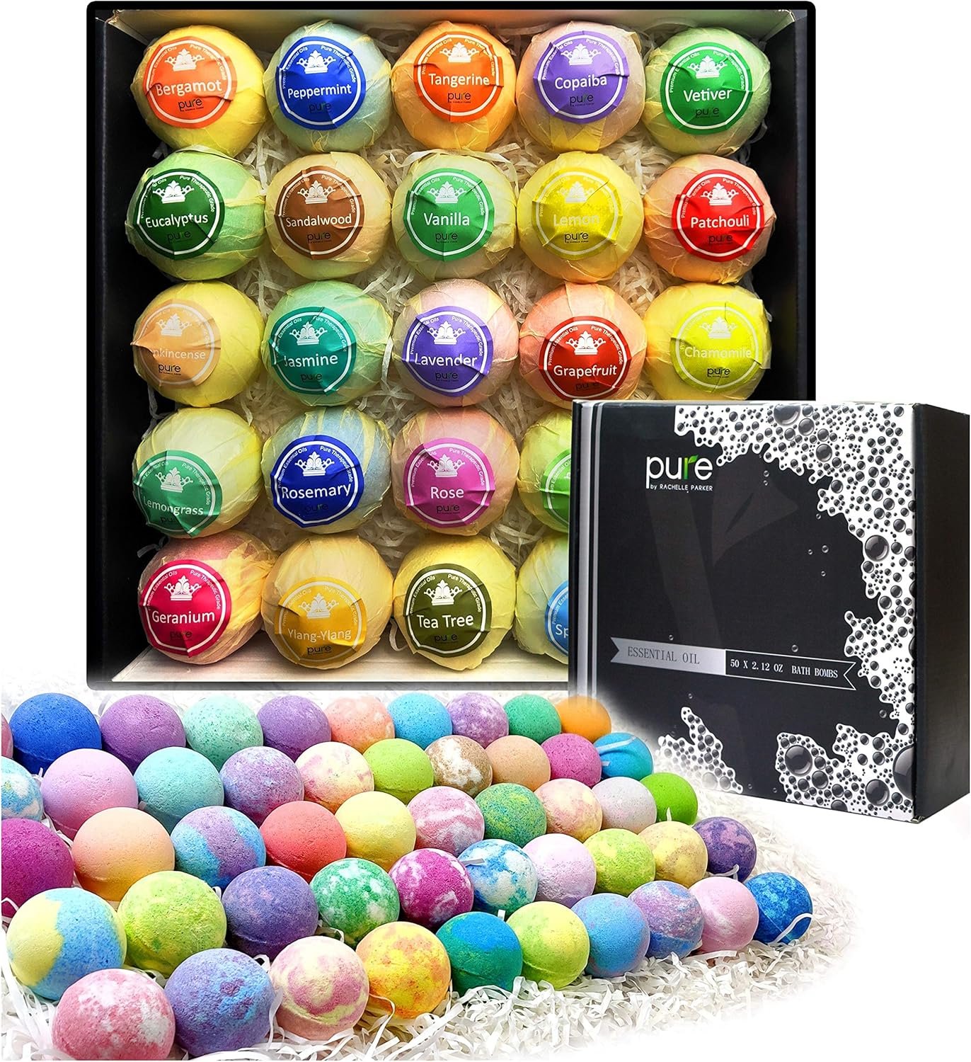 Pure Parker Natural Bath Bombs Bulk 50 Pack with Essential Oils – Moisturizing Gift Set for Women with Shea Butter – Individually Wrapped for Freshness