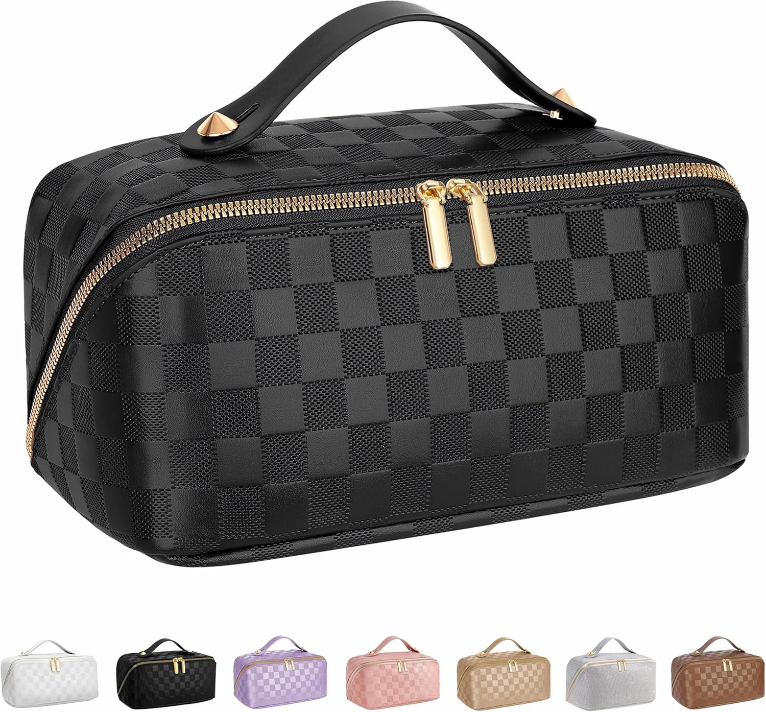 Large Capacity Travel Cosmetic Bag – Portable Makeup Bags for Women Waterproof PU Leather Checkered Makeup Organizer Bag with Dividers and Handle,Toiletry Bag for Cosmetics