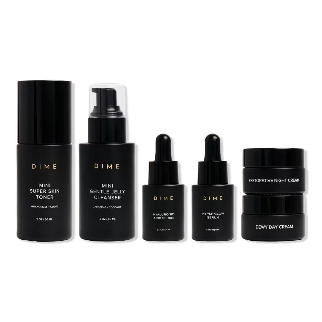 DIME Beauty The Works Discovery Set – 6-Piece Skincare Kit | Cleanser, Toner, Hyper Glow Serum, Hyaluronic Acid Serum, Day & Night Creams. Vegan, Cruelty-Free starter kit.