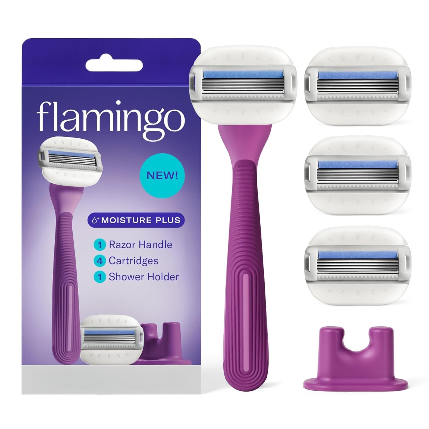 Flamingo Moisture Plus Women’s Razor Set – No Shave Gel Needed – Razor Handle, 4 Blade Refills, Shower Holder – Fig
