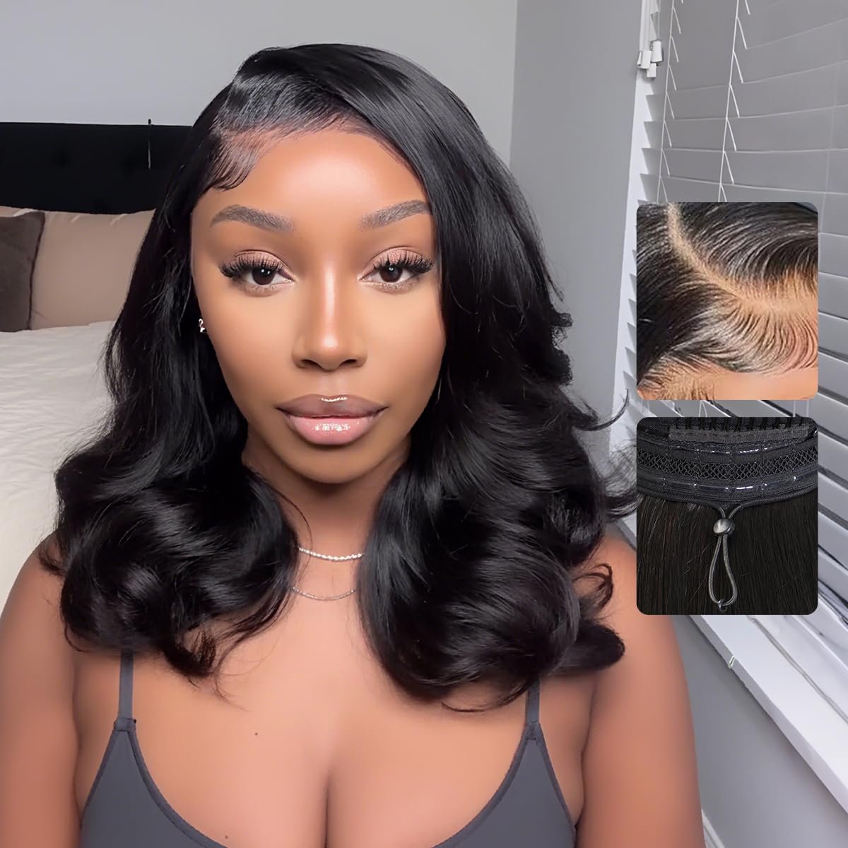 Tinashe Human Hair Wig Glueless Wigs Human Hair Pre Plucked Pre Cut Bob Wear And Go Loose Body Wave Layered Cut 6×5 HD Lace Front Wigs for Black Women Side Part Curtain Bangs Natural Black Wigs 16inch