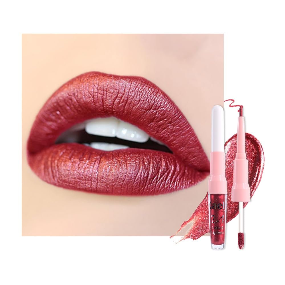 Kaely 2-in-1 Dark Red Metallic Lipstick and Lip Liner, Shimmer Liquid Metallic Lipsticks for Women, Glitter Lip Gloss Stain Long Lasting Waterproof Smudge Proof 24 Hour, Vegan Makeup, 01