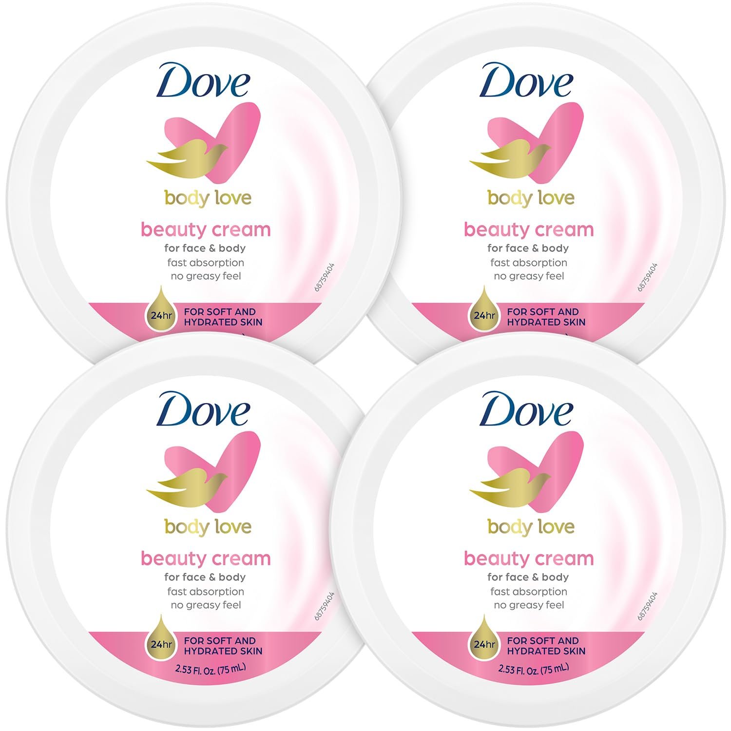 Dove Lotion, Beauty Cream – Light, Fast-Absorbing Face and Body Cream for Normal to Dry Skin, 24-Hour Moisture, Luxuriously Scented Face Cream, Hand & Body Lotion, Travel Size, 2.53 Fl Oz (Pack of 4)
