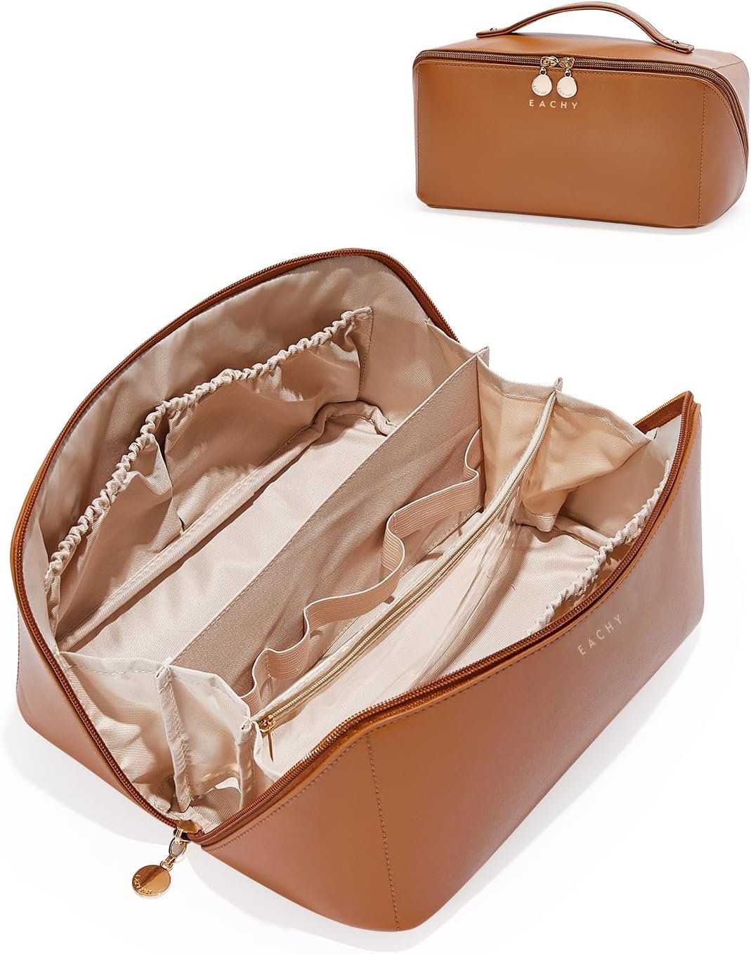 EACHY Travel Makeup Bag for Women, PU Leather Cosmetic Bag, Brown, Large | Water-resistant PU leather exterior with flat-open access, clear TPU brush compartment and organized storage for cosmetics