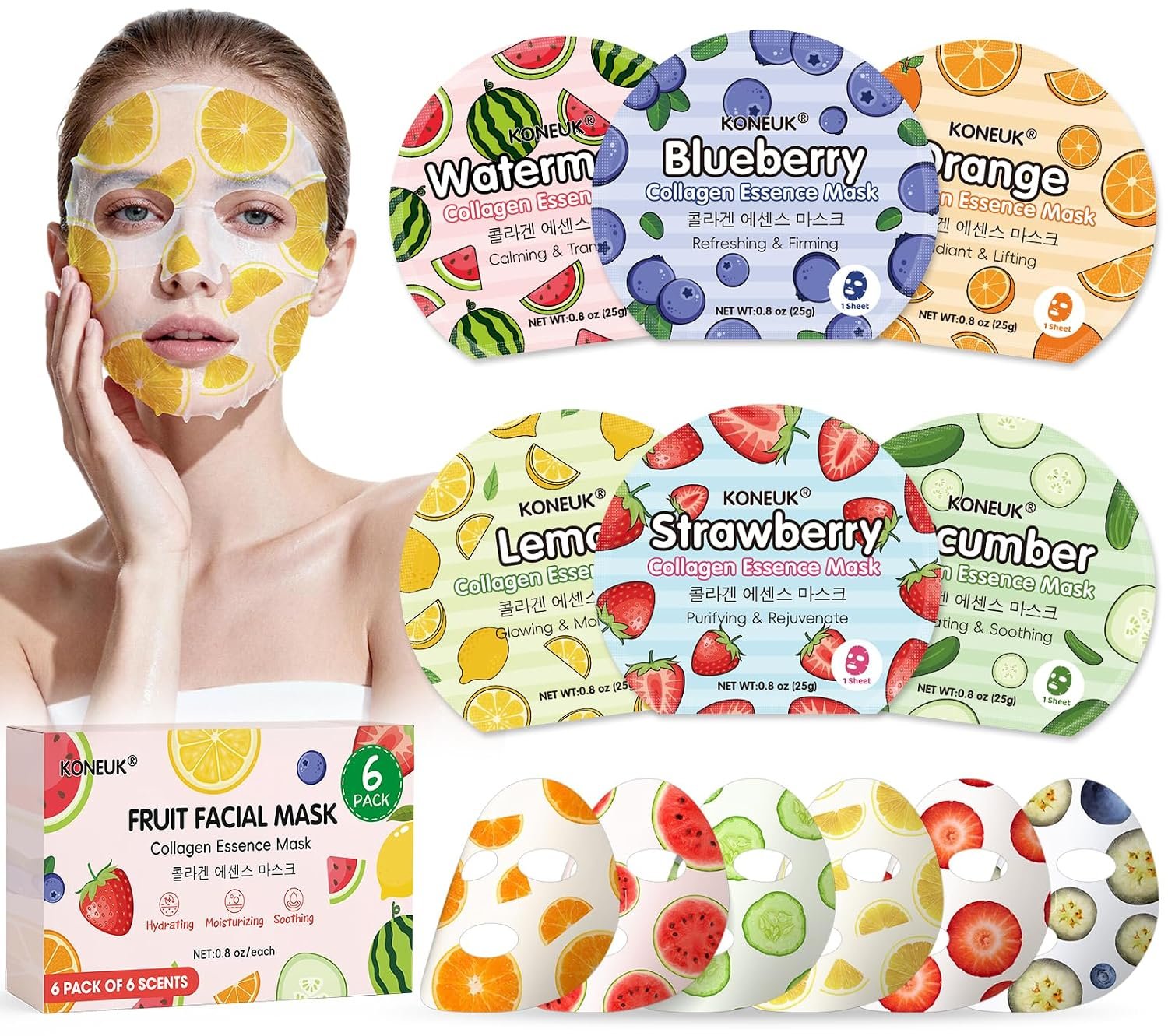 KONEUK 6 Pack Colorful Fruit Face Masks Skincare, Sheet Hydrating Face Mask | Collagen Facial Mask for Skin Care, Spa Birthday Party Supplies, Bulk Teacher Gifts, Graduation Gifts and Party Favors
