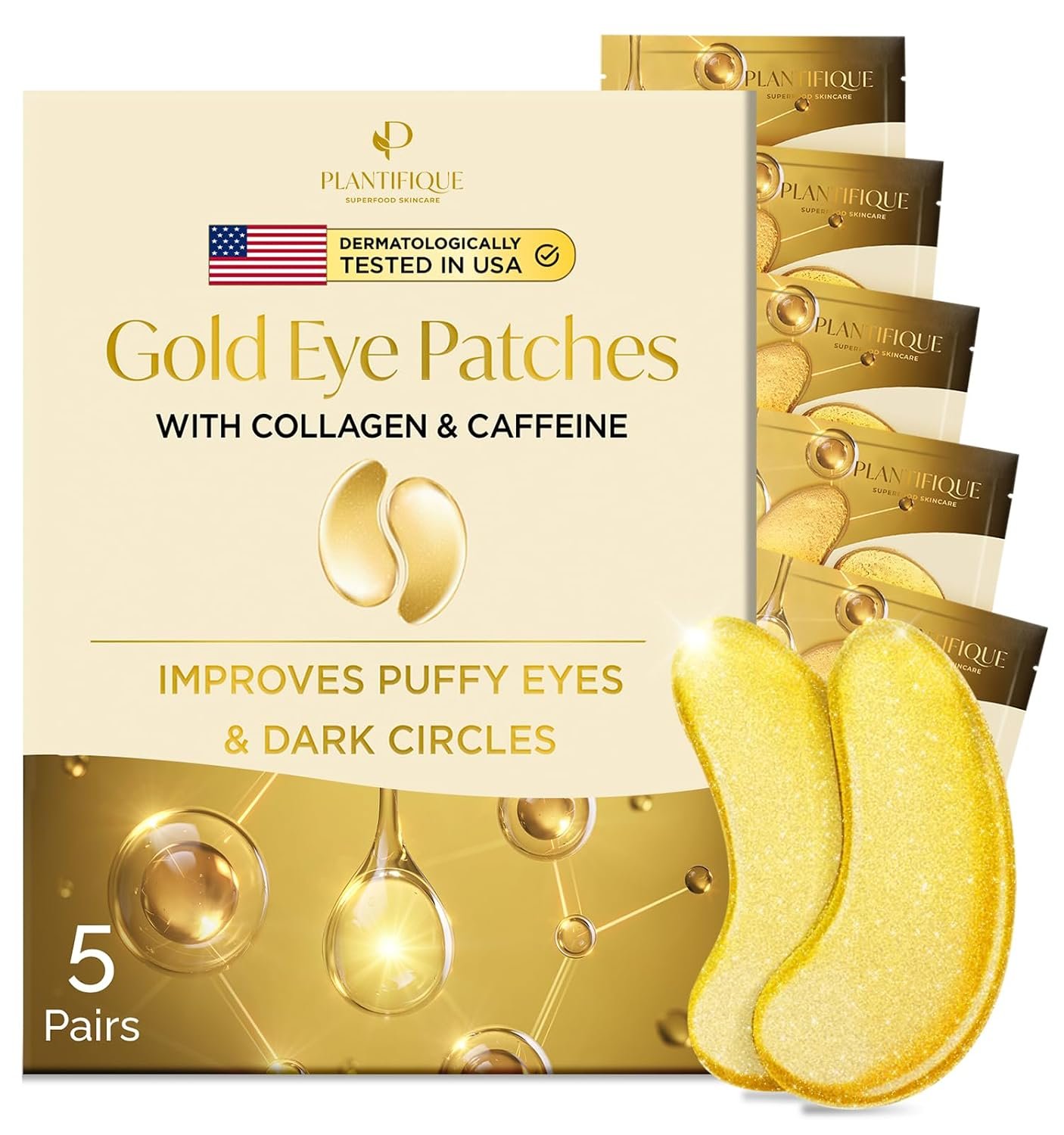 PLANTIFIQUE 24K Gold Under Eye Patches for Puffy Eyes, Dark Circles 5 Pairs